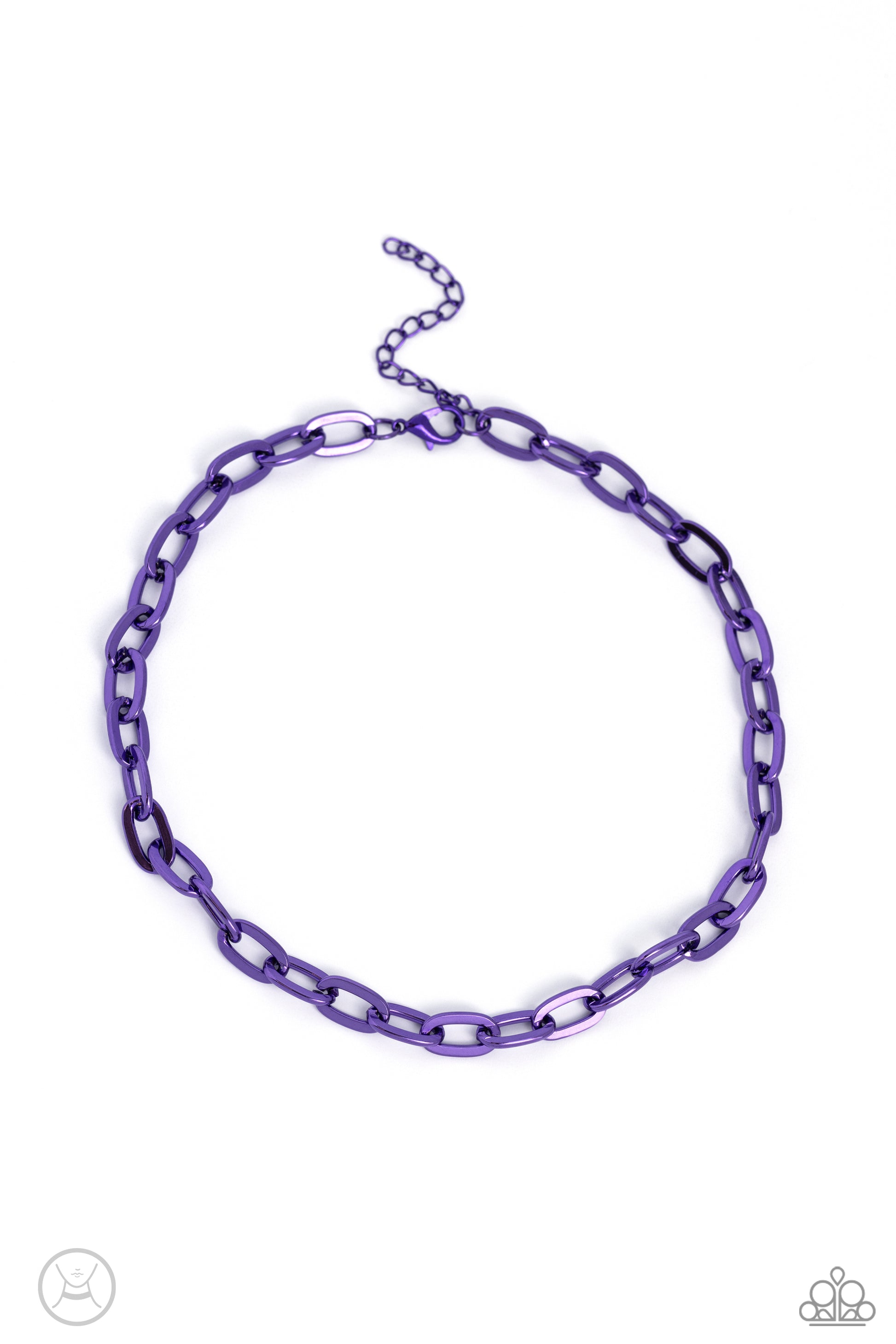 Paparazzi Accessories Exuberant Encore - Purple Oversized electric purple links connect below the collar for a bold urban look. Features an adjustable clasp closure. Sold as one individual choker necklace. Includes one pair of matching earrings. Get The C
