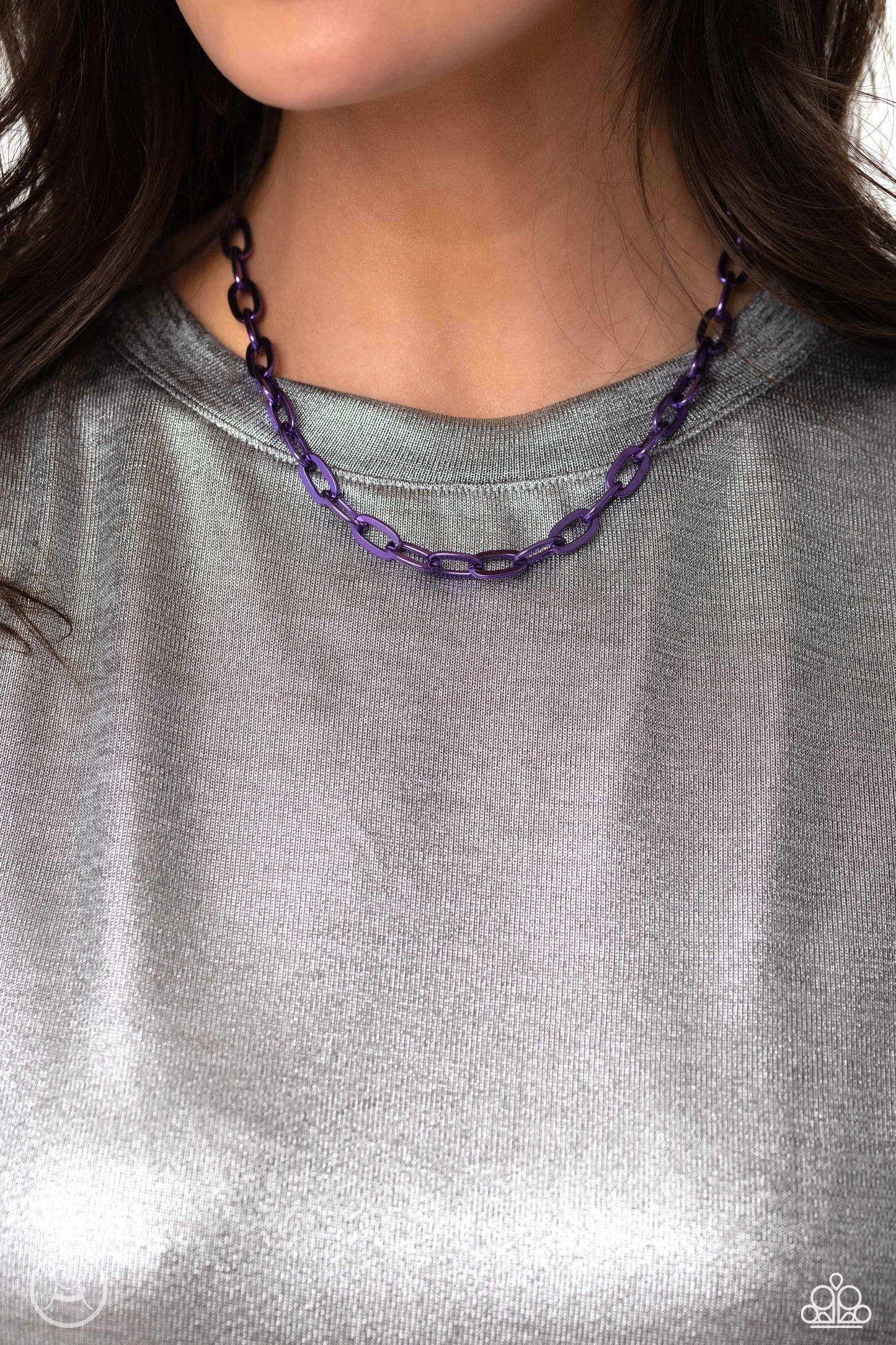 Paparazzi Accessories Exuberant Encore - Purple Oversized electric purple links connect below the collar for a bold urban look. Features an adjustable clasp closure. Sold as one individual choker necklace. Includes one pair of matching earrings. Get The C