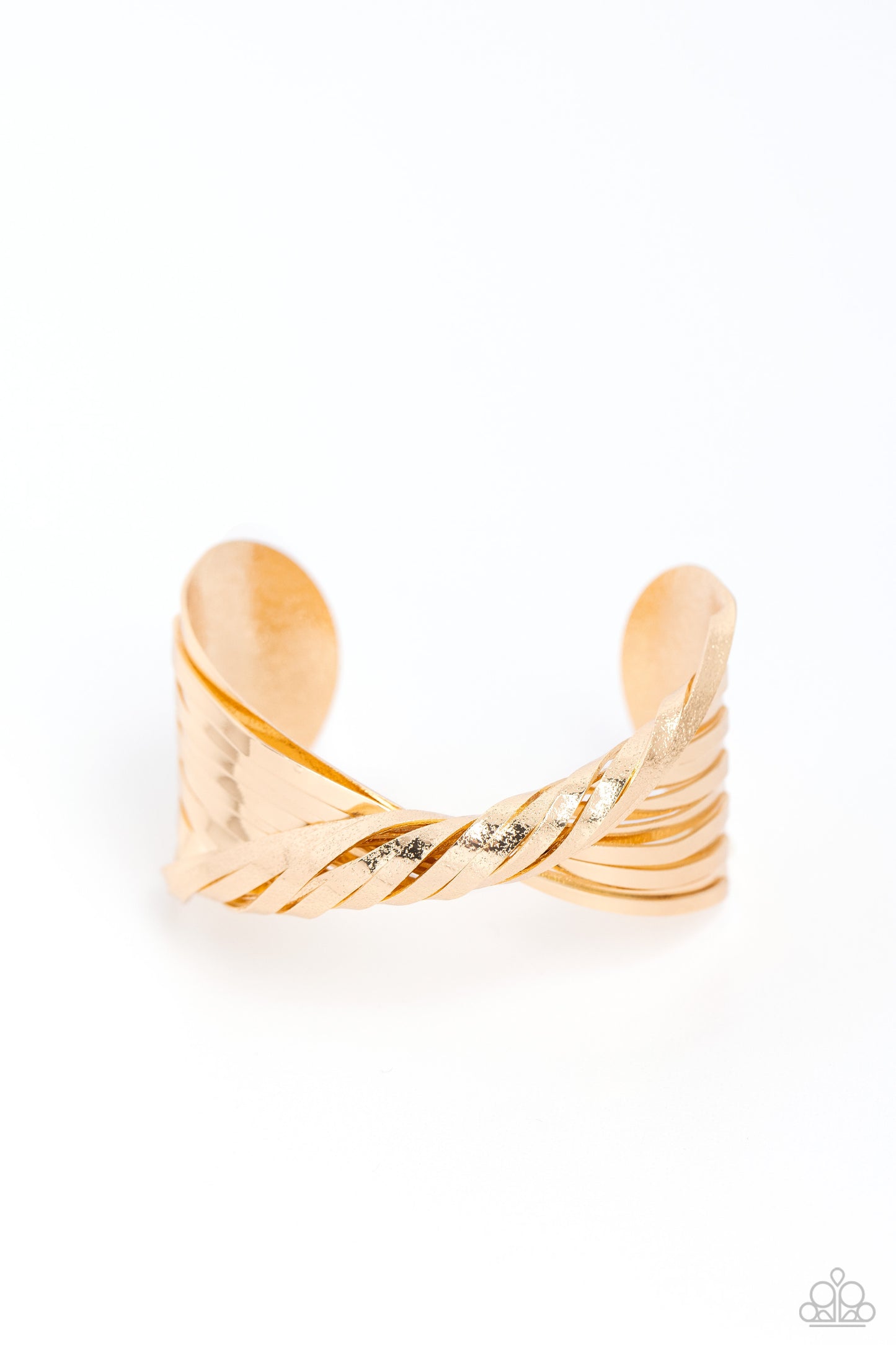 Paparazzi Accessories Radiant Ribbons - Gold Featuring sections of glistening hammered surfaces, high-sheen gold ribbons curl across the center of the wrist in a crisscross motion, coalescing into an intense industrial cuff. Sold as one individual bracele