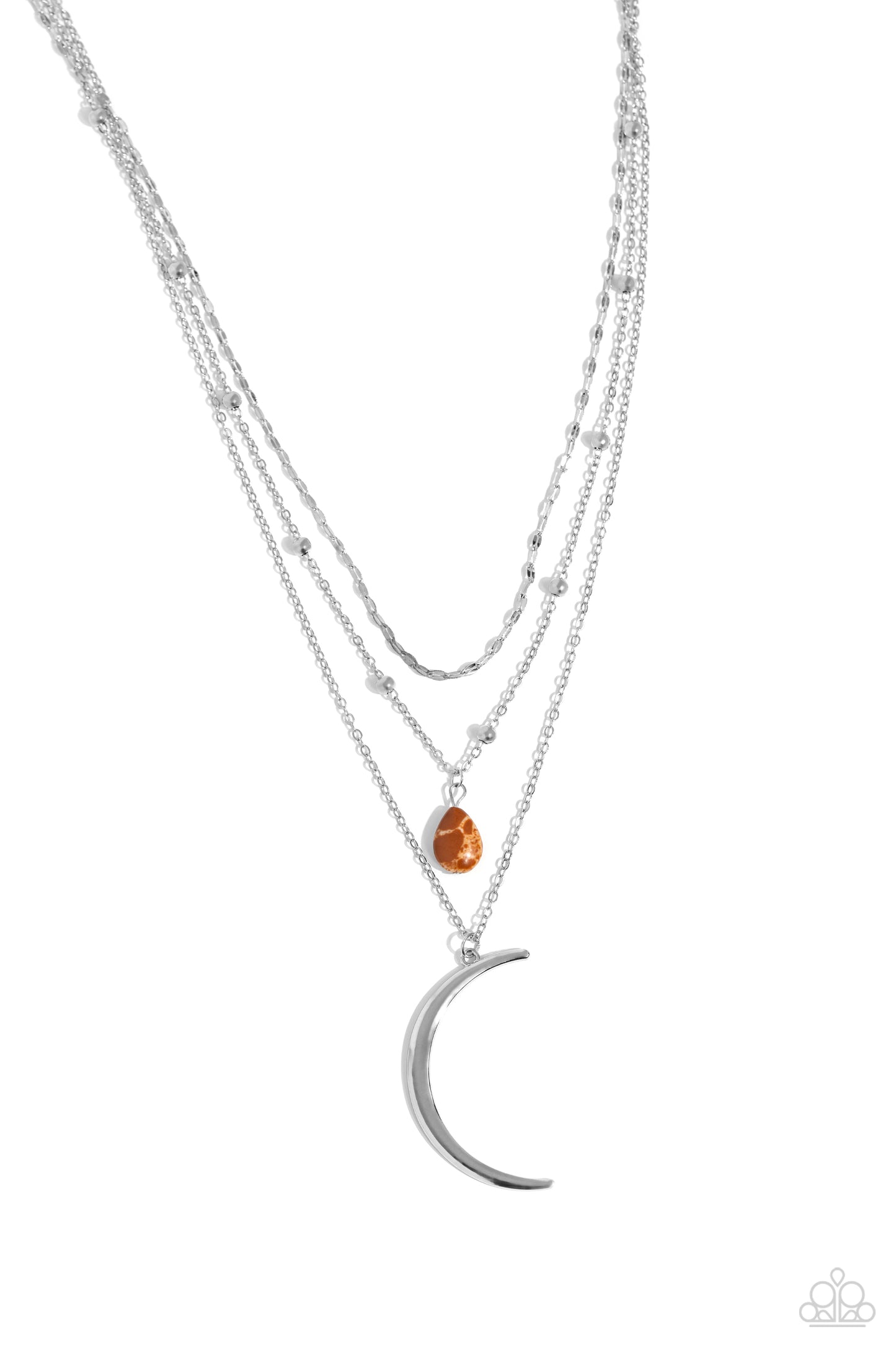 Paparazzi Accessories Lunar Landslide - Brown Three dainty silver chains delicately layer below the collar. Antiqued silver links form the uppermost chain, while a brown stone teardrop bead rests amidst silver studs on the centermost chain. A silver cresc