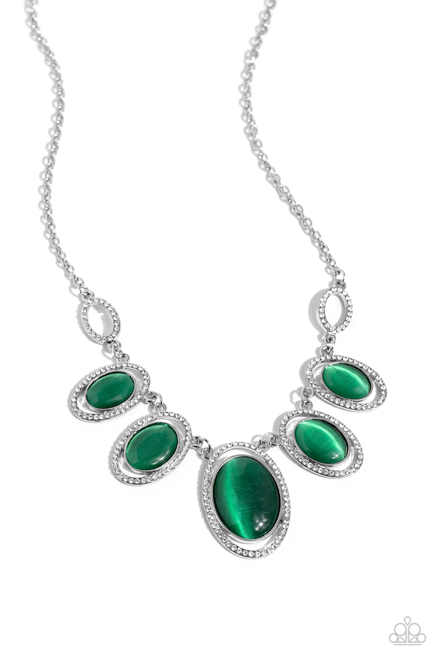 Paparazzi Accessories A BEAM Come True - Green Featuring white rhinestone encrusted oval frames, a mesmerizing collection of glowing green cat's eye stones delicately link below the collar for an ethereal pop of color. Features an adjustable clasp closure