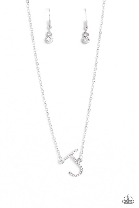 Paparazzi Accessories INITIALLY Yours - J - White Embossed with dainty white rhinestones, a silver letter "J" hovers below the collar from a dainty silver chain, for a sentimentally simple design. Features an adjustable clasp closure. Sold as one individu