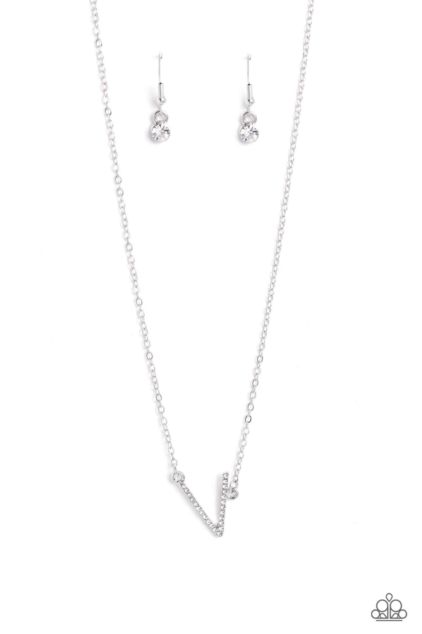 Paparazzi Accessories INITIALLY Yours - V - White Embossed with dainty white rhinestones, a silver letter "V" hovers below the collar from a dainty silver chain, for a sentimentally simple design. Features an adjustable clasp closure. Sold as one individu