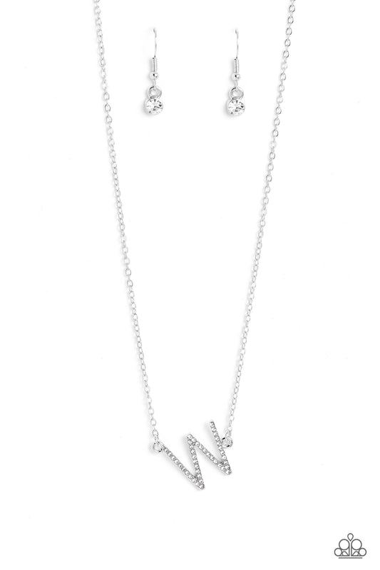 Paparazzi Accessories INITIALLY Yours - W - White Embossed with dainty white rhinestones, a silver letter "W" hovers below the collar from a dainty silver chain, for a sentimentally simple design. Features an adjustable clasp closure. Sold as one individu
