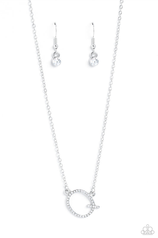 Paparazzi Accessories INITIALLY Yours - Q - White Embossed with dainty white rhinestones, a silver letter "Q" hovers below the collar from a dainty silver chain, for a sentimentally simple design. Features an adjustable clasp closure. Sold as one individu