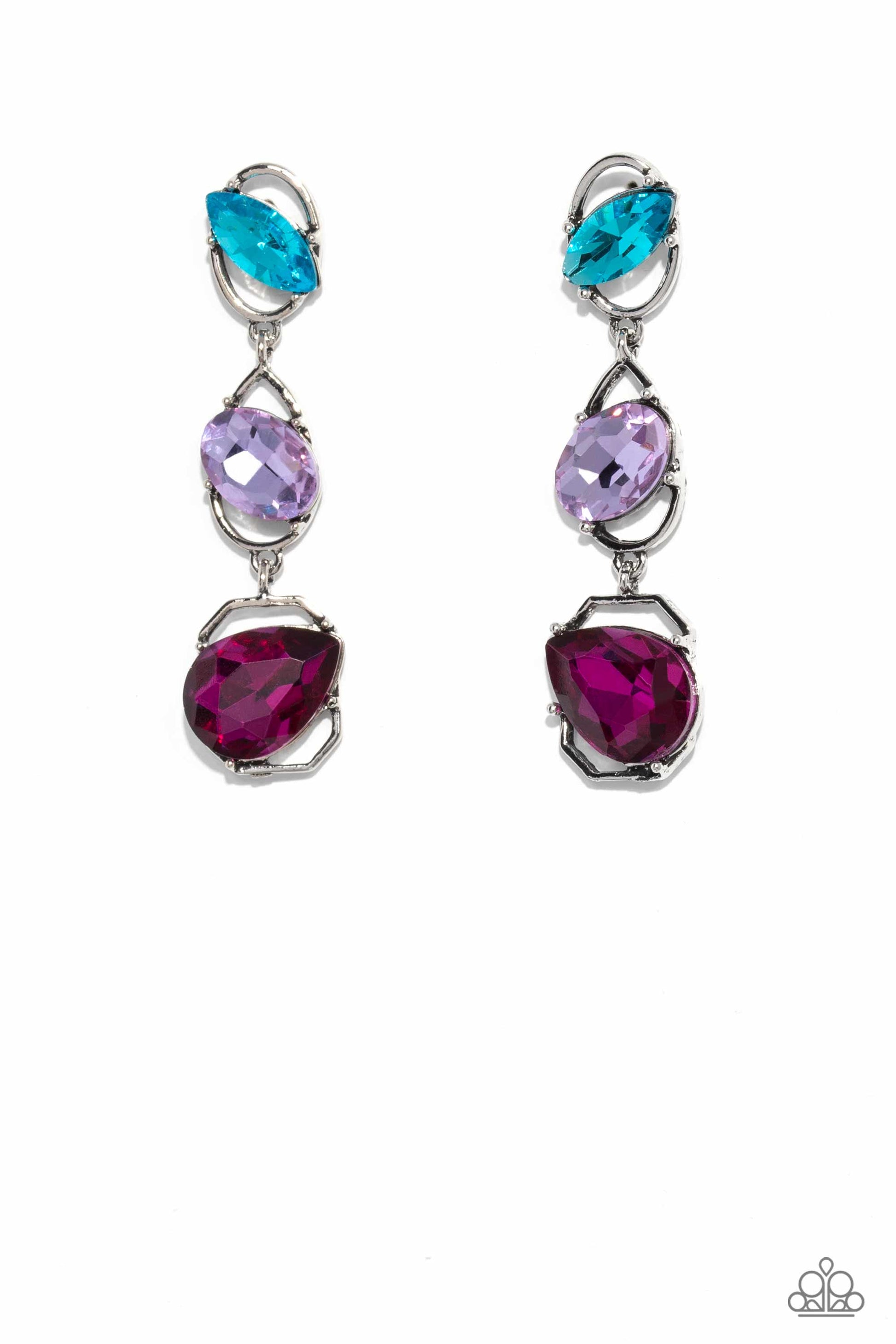 Paparazzi Accessories Dimensional Dance - Multi Linking together to create a geometric lure, a sleek silver oval, teardrop, and emerald-cut frame cascade down the ear. Slanted sideways in pronged settings across each frame, a fuchsia teardrop, purple oval