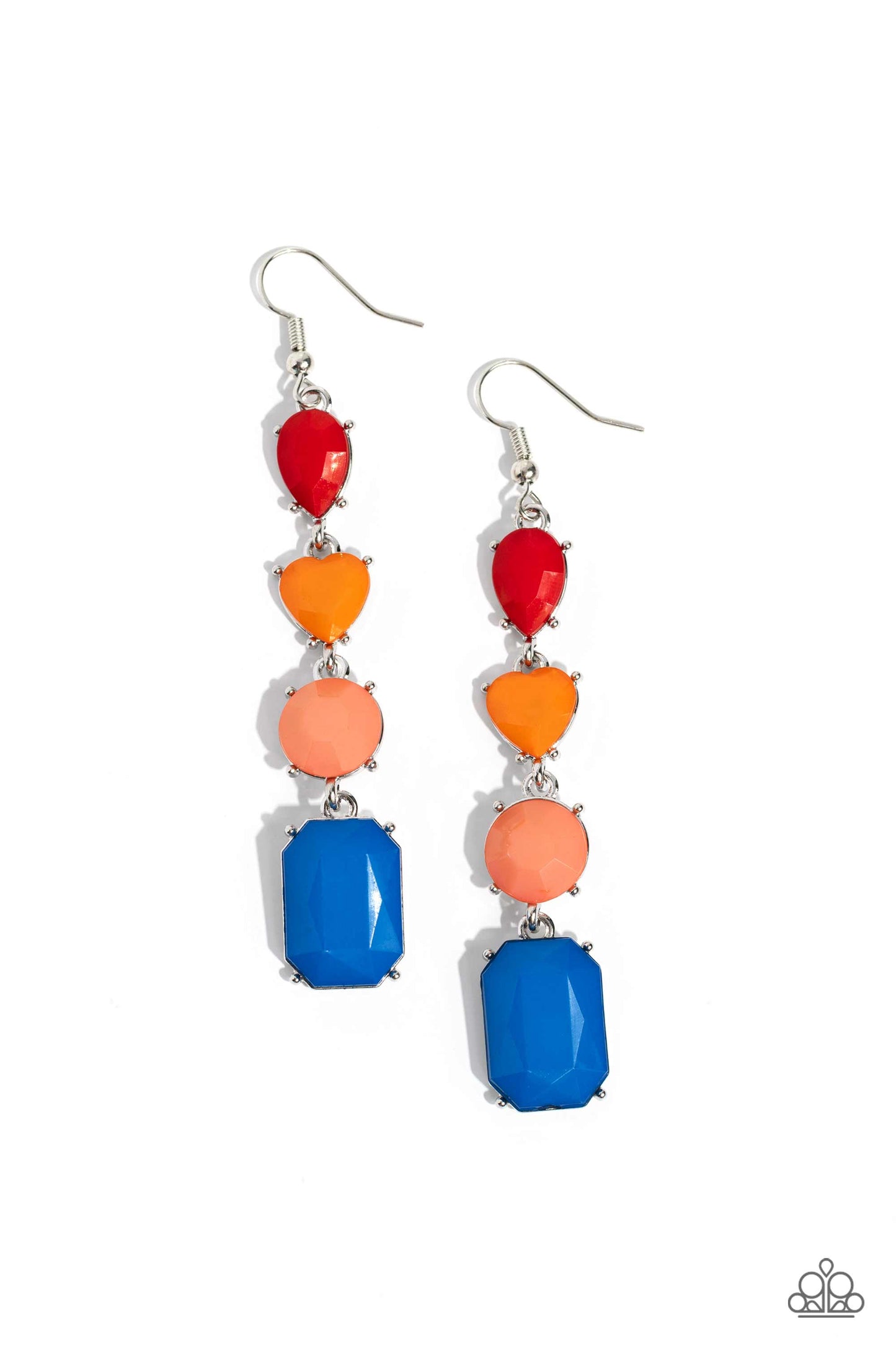 Paparazzi Accessories Aesthetic Assortment - Multi Varying in shape, glistening faceted red, Orange Tiger, coral, and blue beads are encased in studded silver frames as they delicately link into a colorful lure. Earring attaches to a standard fishhook fit