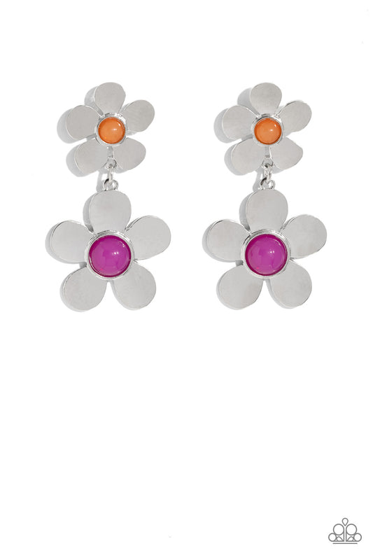 Paparazzi Accessories Fashionable Florals - Pink Sleek silver flowers featuring glassy orange and Rose Violet beaded centers gradually increase in size as they fall from the ear, infusing the sophisticated design with whimsical movement. Earring attaches