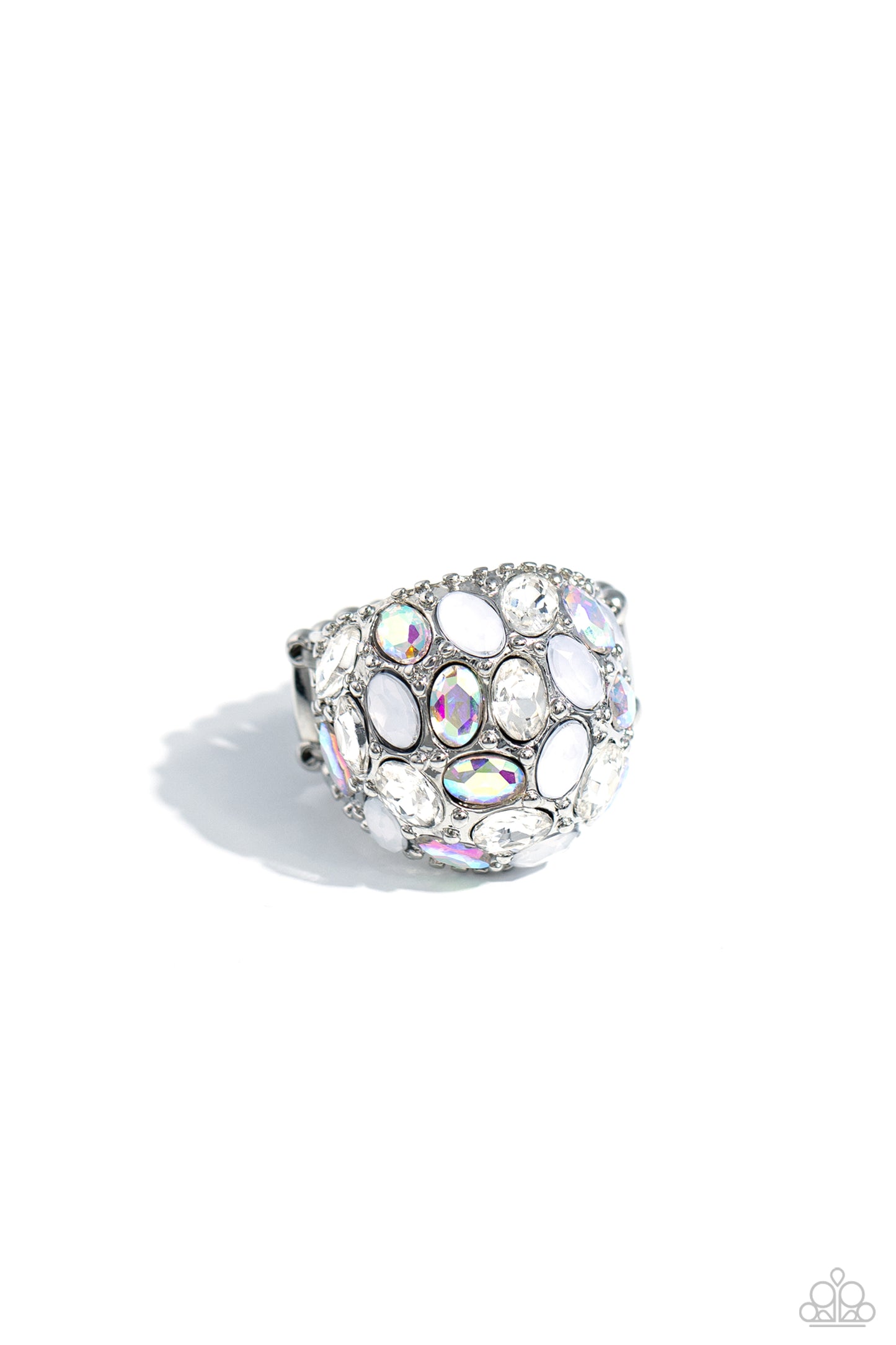 Paparazzi Accessories BLING Loud and Proud - White A studded silver frame, filled with blinding oval-cut gems in opalescent, white, and iridescent shades, stands out atop the finger for a blingy statement. Features a stretchy band for a flexible fit. Due