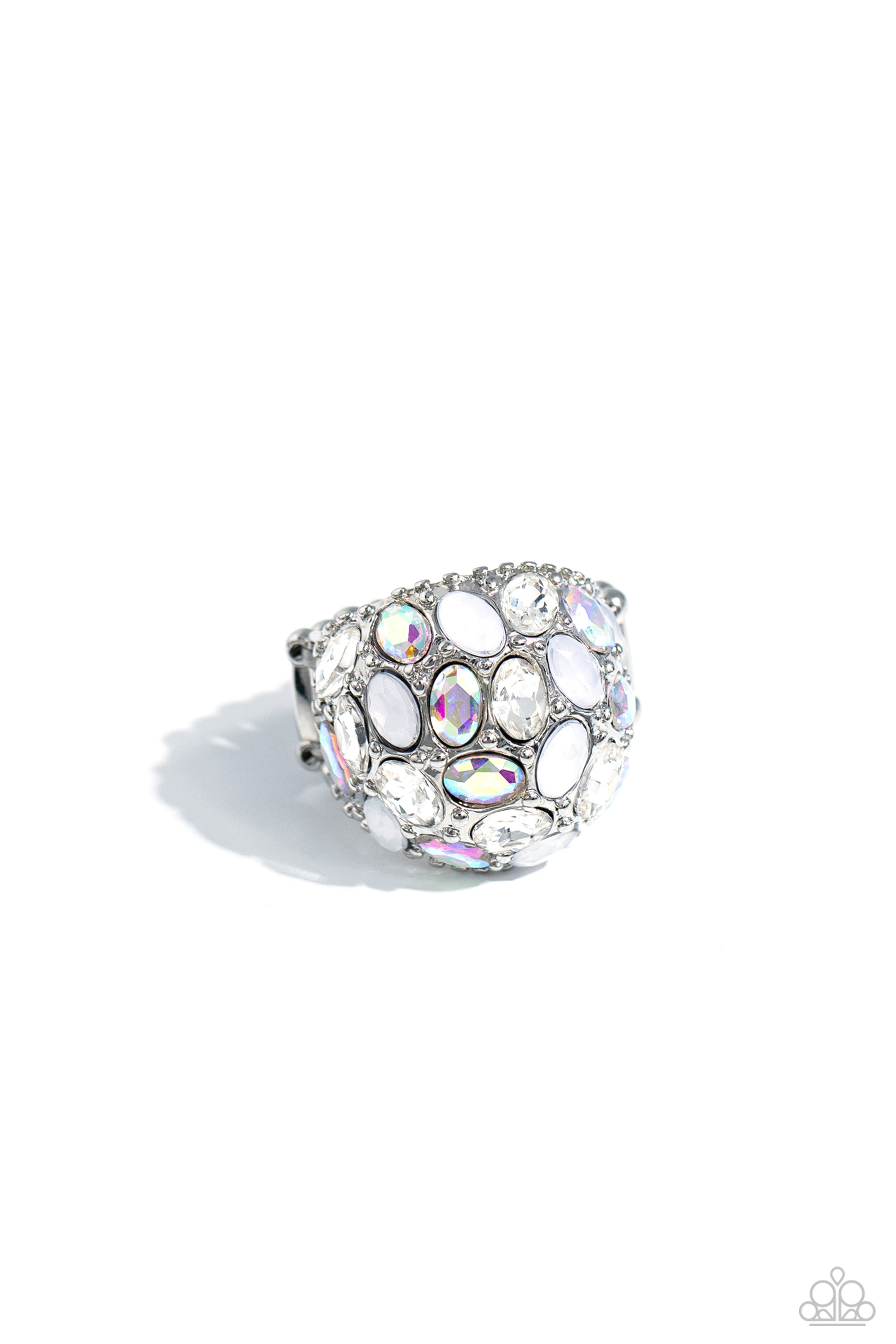 Paparazzi Accessories BLING Loud and Proud - White A studded silver frame, filled with blinding oval-cut gems in opalescent, white, and iridescent shades, stands out atop the finger for a blingy statement. Features a stretchy band for a flexible fit. Due