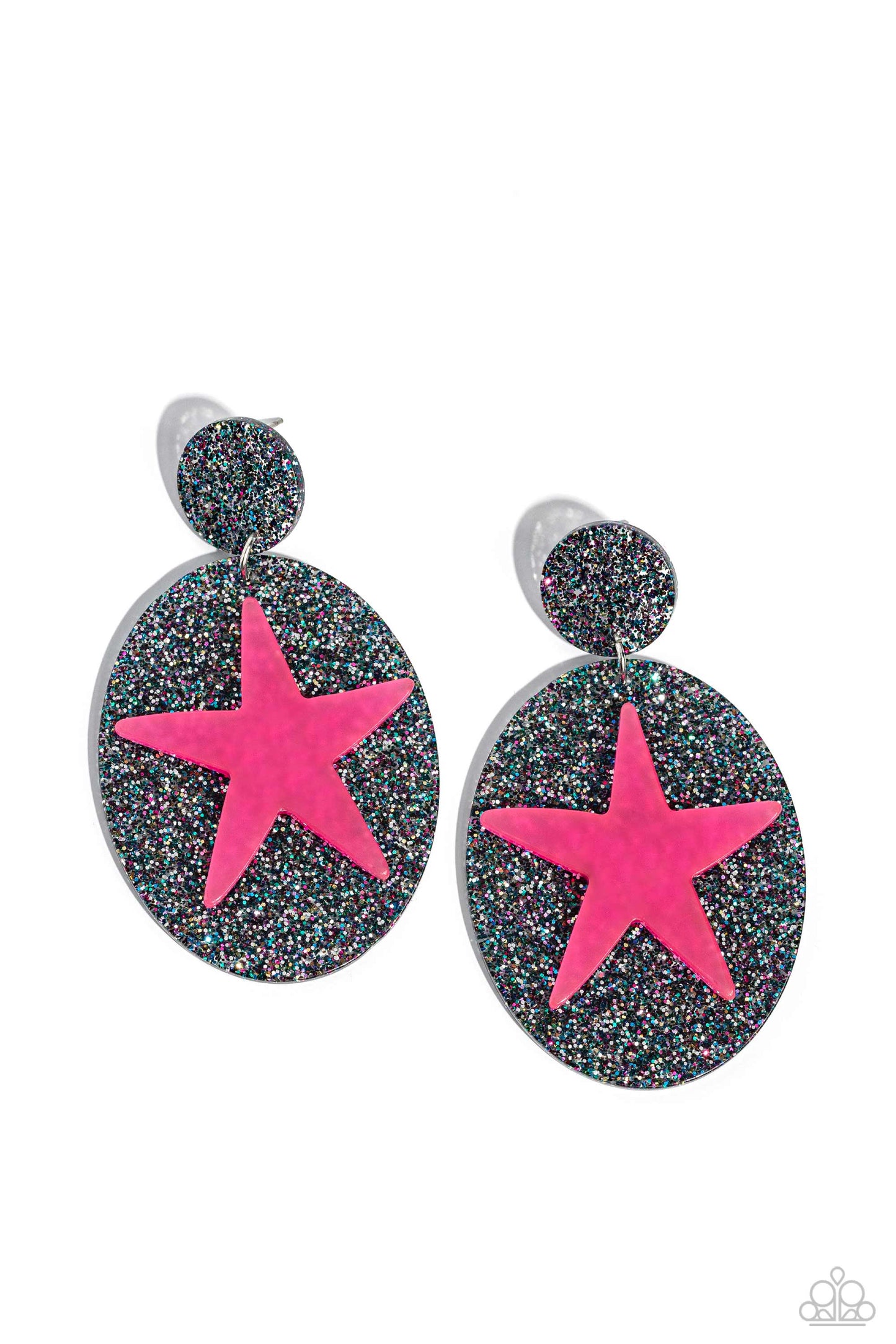 Paparazzi Accessories Galaxy Getaway - Pink Featuring a multicolored glittery backdrop, a black acrylic oval swings from the bottom of a smaller black glittery fitting, creating a colorful frame. A hot pink acrylic star is embossed atop the larger oval, f