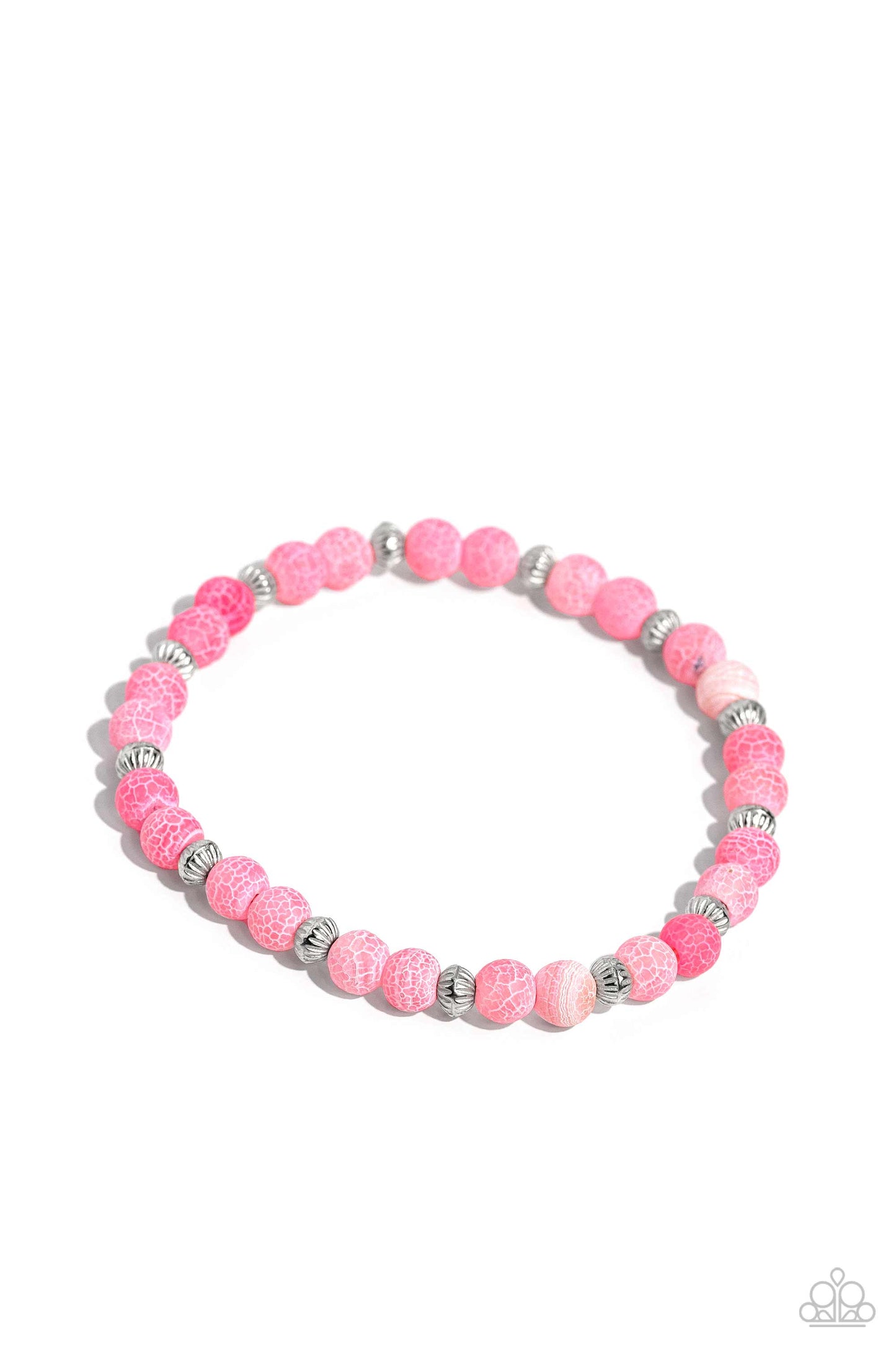 Paparazzi Accessories Ethereally Earthy - Pink Featuring a dainty crackle motif, pink stones in varying shades and textured silver beads wrap around the wrist on a stretchy band for an ethereally earthy statement. As the stone elements in this piece are n