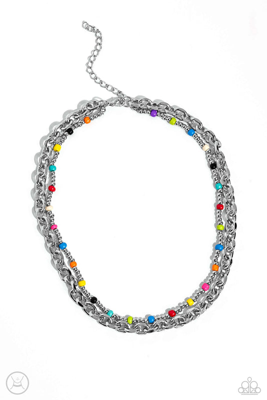 Paparazzi Accessories A Pop of Color - Multi Layered beside a bold silver chain, dainty silver and multicolored beads are threaded along an invisible wire below the collar, resulting in a colorfully layered design. Features an adjustable clasp closure. So