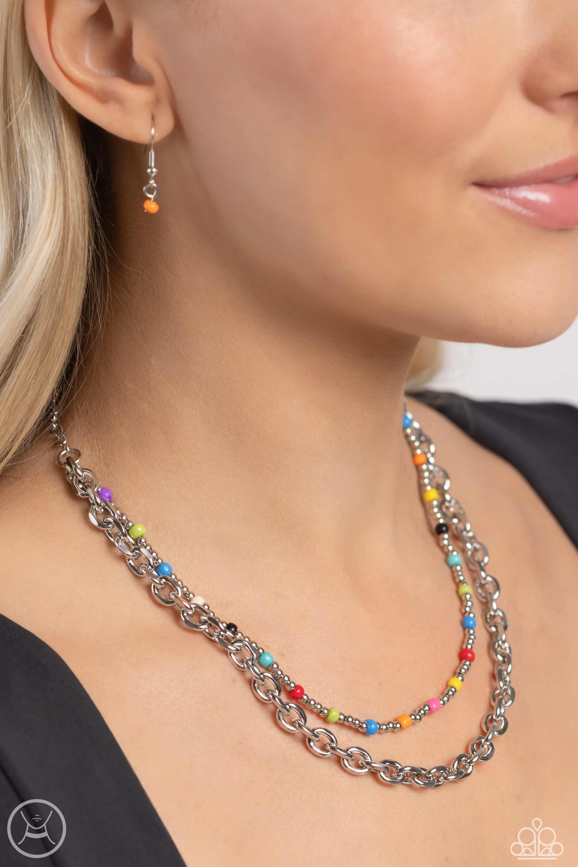 Paparazzi Accessories A Pop of Color - Multi Layered beside a bold silver chain, dainty silver and multicolored beads are threaded along an invisible wire below the collar, resulting in a colorfully layered design. Features an adjustable clasp closure. So