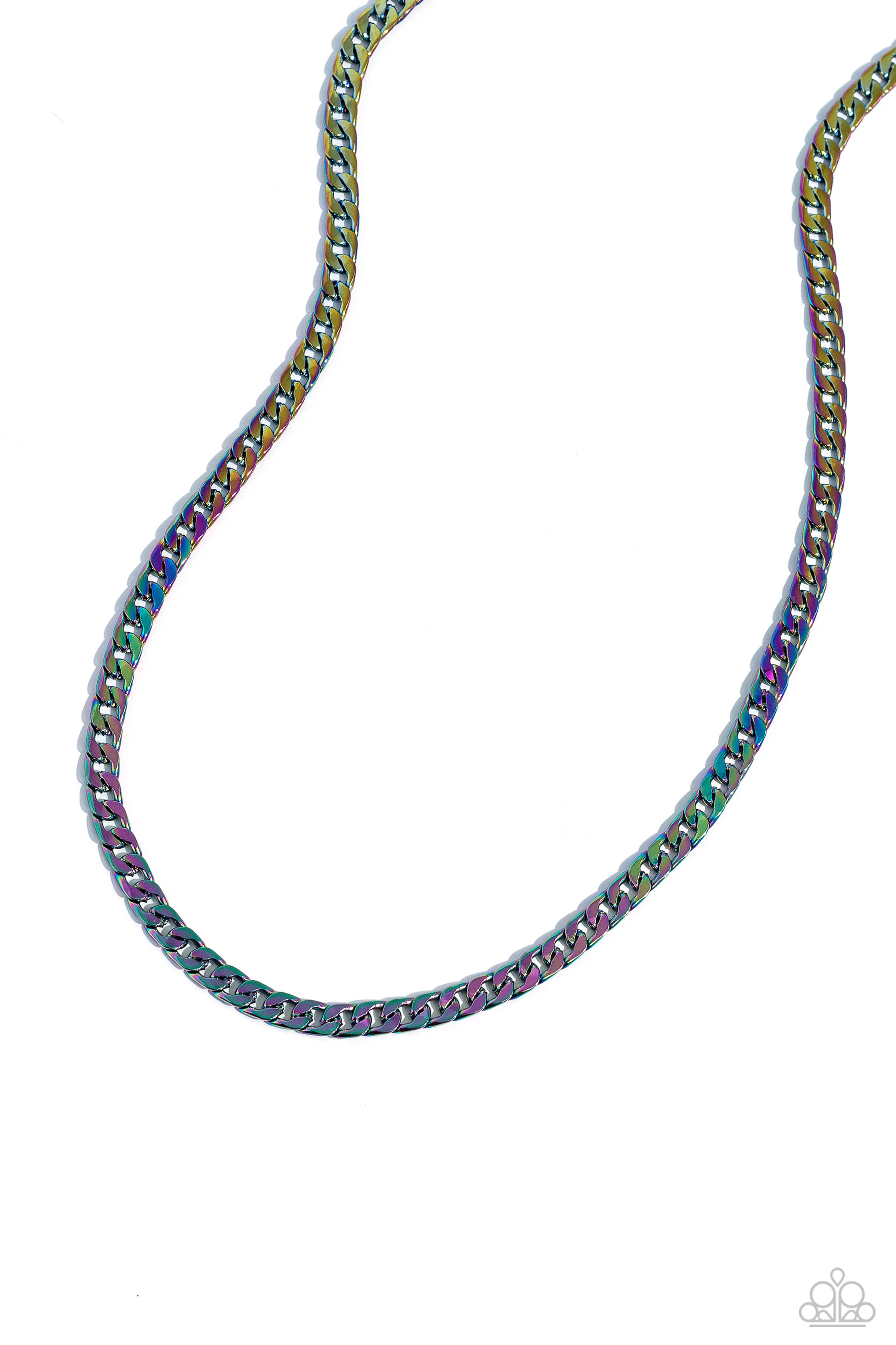 Paparazzi Accessories Industrial Identification - Multi Featuring a flattened finish, oil spill links daringly interlock into a dainty curb-like chain across the chest for a stellar urban finish. Features an adjustable clasp closure. Sold as one individua