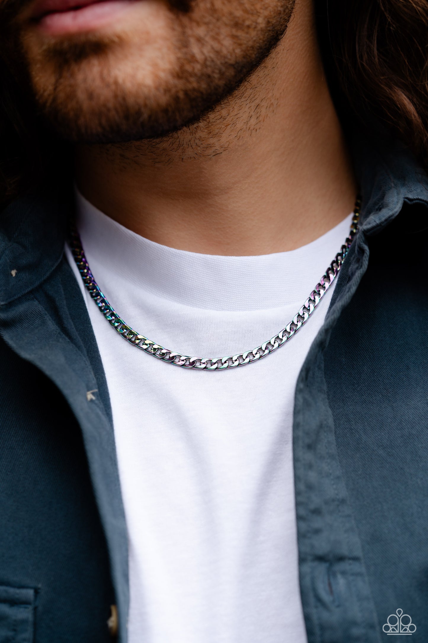 Paparazzi Accessories Industrial Identification - Multi Featuring a flattened finish, oil spill links daringly interlock into a dainty curb-like chain across the chest for a stellar urban finish. Features an adjustable clasp closure. Sold as one individua