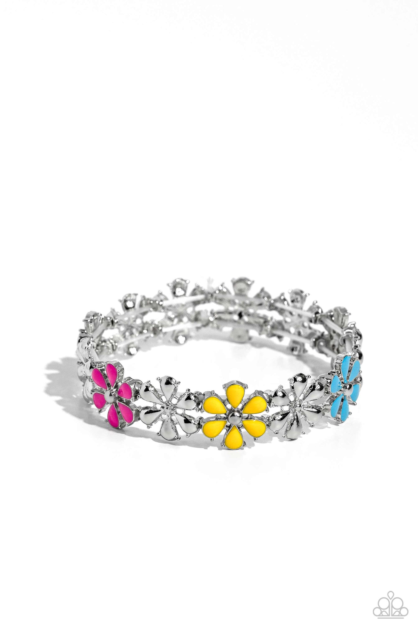Paparazzi Accessories Floral Fair - Multi Painted in vivacious shades of hot pink, turquoise, yellow, purple, and white, a collection of silver studded flowers alternating with high-sheen silver flowers glides across the wrist from an elastic stretchy ban
