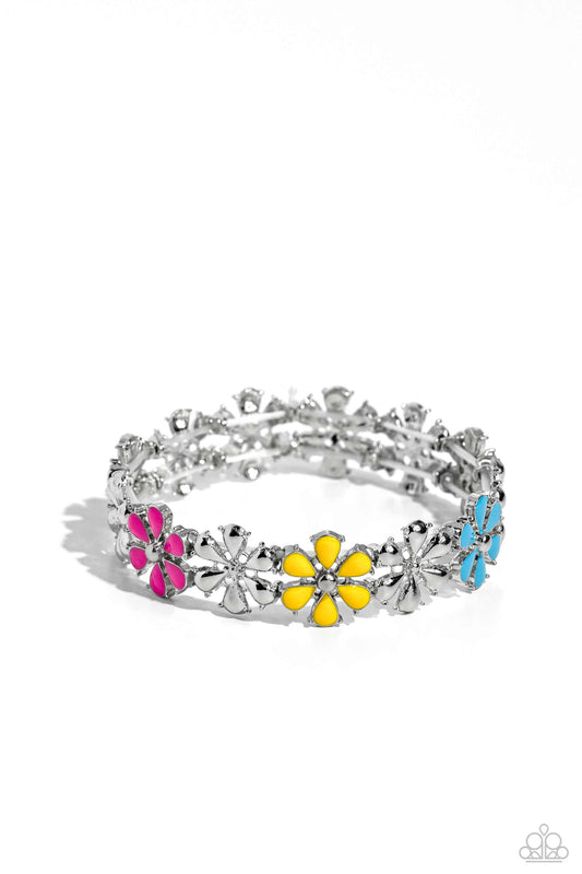 Paparazzi Accessories Floral Fair - Multi Painted in vivacious shades of hot pink, turquoise, yellow, purple, and white, a collection of silver studded flowers alternating with high-sheen silver flowers glides across the wrist from an elastic stretchy ban