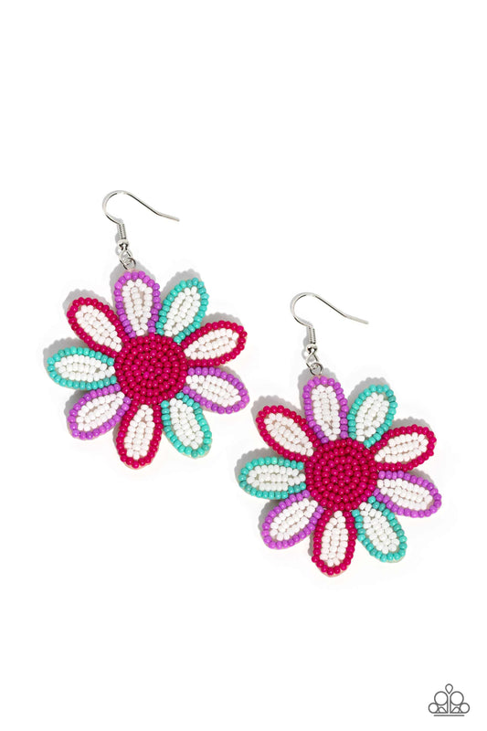 Paparazzi Accessories Decorated Daisies - White Layers of white seed bead petals, encased in seed bead frames of hot pink, tiffany, and lavender fan out from a hot pink seed bead center, blooming into a textured floral lure. Earring attaches to a standard