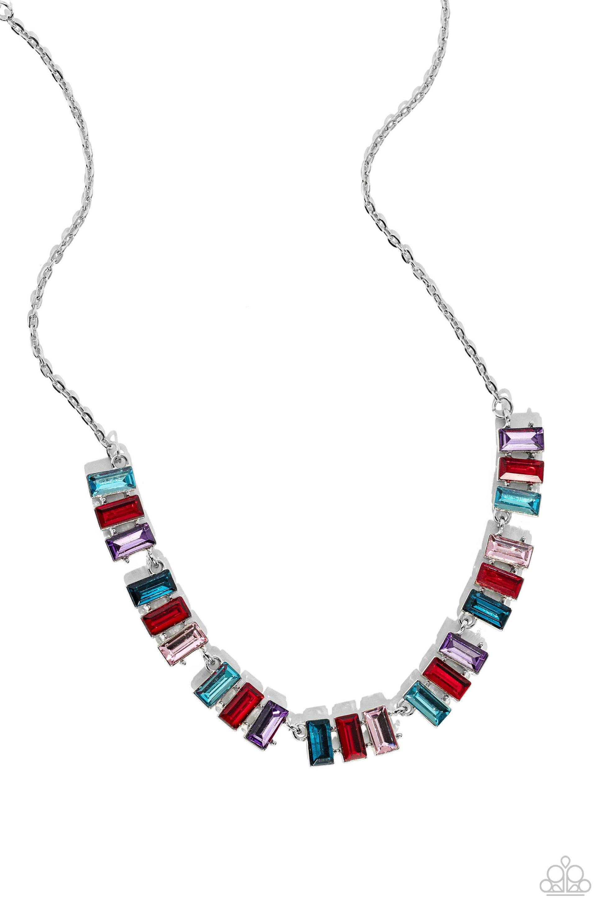 Paparazzi Accessories Elite Emeralds - Red Featuring pronged frames of three, emerald-cut bars splashed in glassy blue, red, purple, and pink hues collect along a dainty silver chain down the neckline for a refined pop of color. Features an adjustable cla