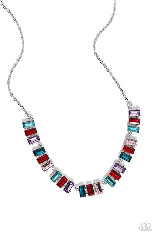 Paparazzi Accessories Elite Emeralds - Red Featuring pronged frames of three, emerald-cut bars splashed in glassy blue, red, purple, and pink hues collect along a dainty silver chain down the neckline for a refined pop of color. Features an adjustable cla