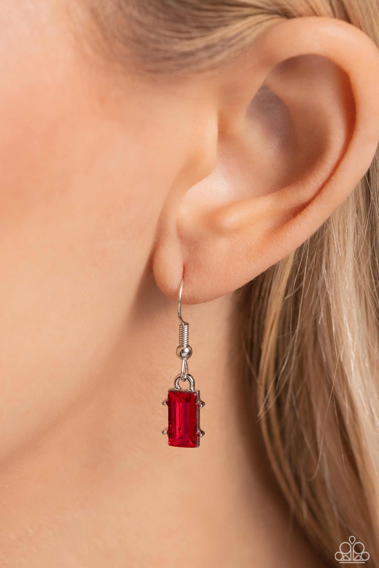 Paparazzi Accessories Elite Emeralds - Red Featuring pronged frames of three, emerald-cut bars splashed in glassy blue, red, purple, and pink hues collect along a dainty silver chain down the neckline for a refined pop of color. Features an adjustable cla