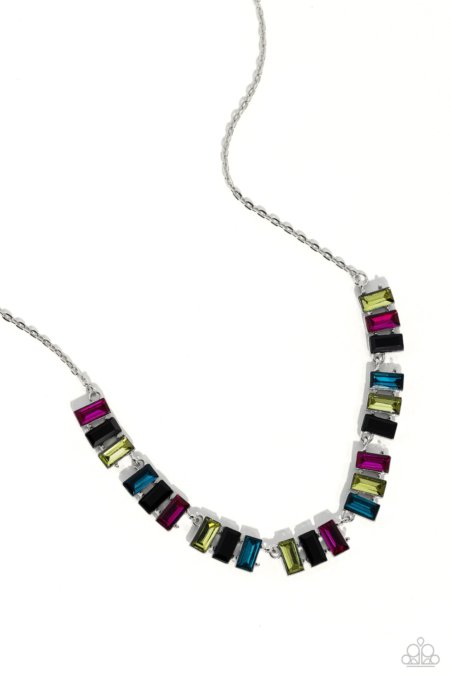 Paparazzi Accessories Elite Emeralds - Black Featuring pronged frames of three, emerald-cut bars splashed in glassy blue, yellow, black, and pink hues collect along a dainty silver chain down the neckline for a refined pop of color. Features an adjustable