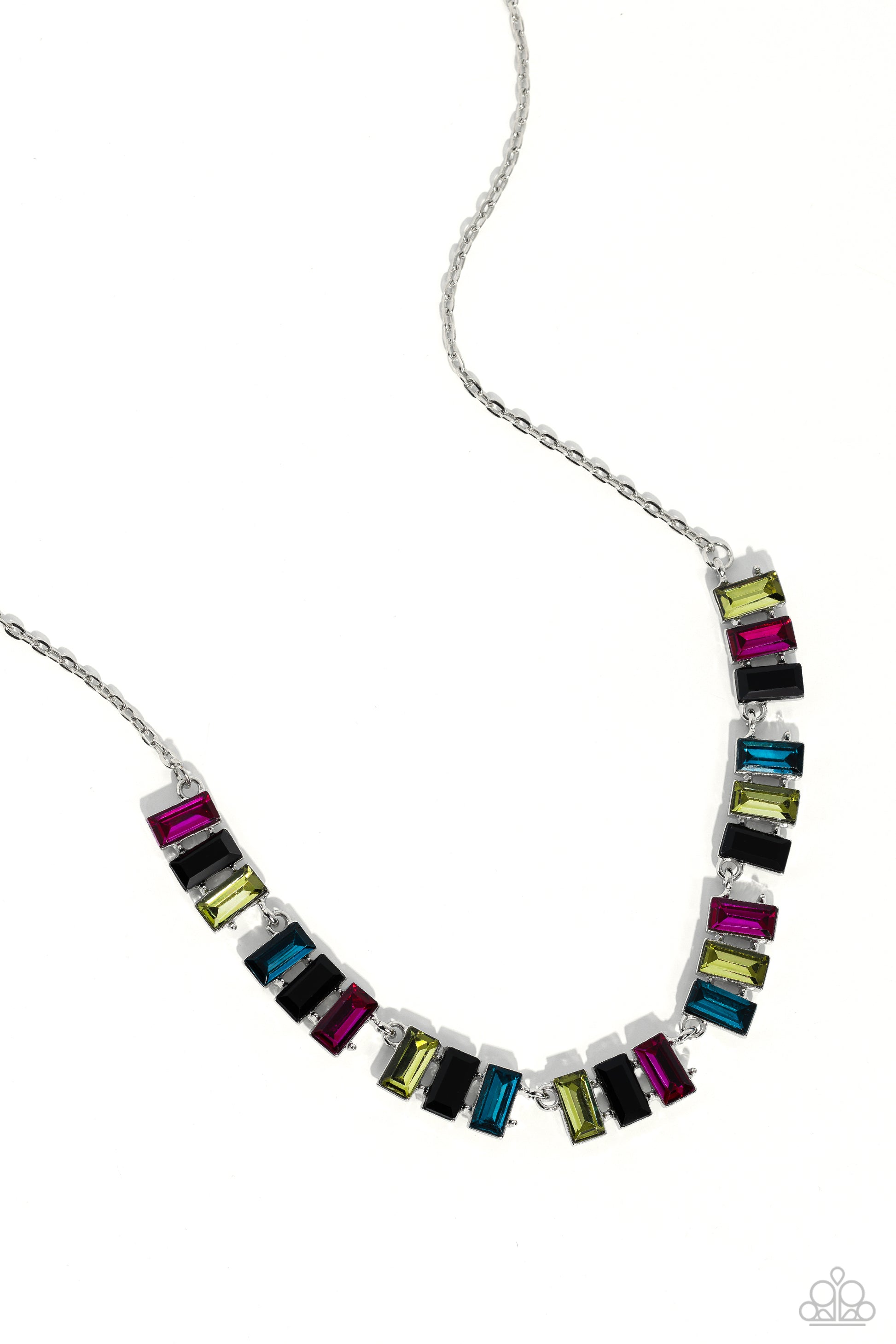 Paparazzi Accessories Elite Emeralds - Black Featuring pronged frames of three, emerald-cut bars splashed in glassy blue, yellow, black, and pink hues collect along a dainty silver chain down the neckline for a refined pop of color. Features an adjustable