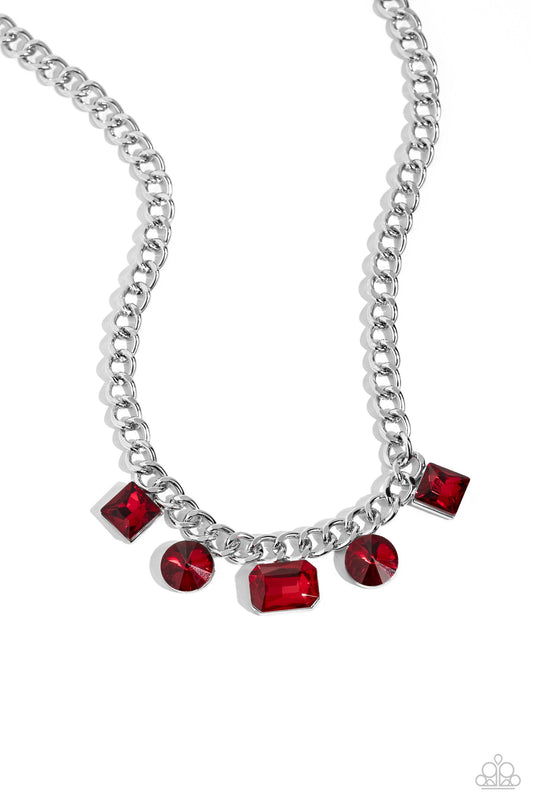 Paparazzi Accessories Alternating Audacity - Red Featuring rich red finishes, a collection of geometric gems in sleek silver fittings adorns the center of a thick silver chain for a refined finish. Features an adjustable clasp closure. Sold as one individ