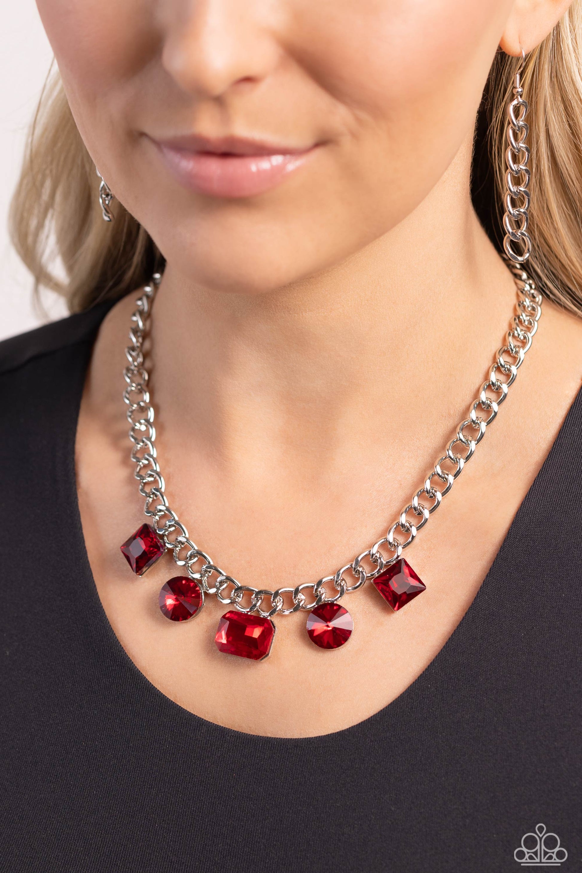 Paparazzi Accessories Alternating Audacity - Red Featuring rich red finishes, a collection of geometric gems in sleek silver fittings adorns the center of a thick silver chain for a refined finish. Features an adjustable clasp closure. Sold as one individ