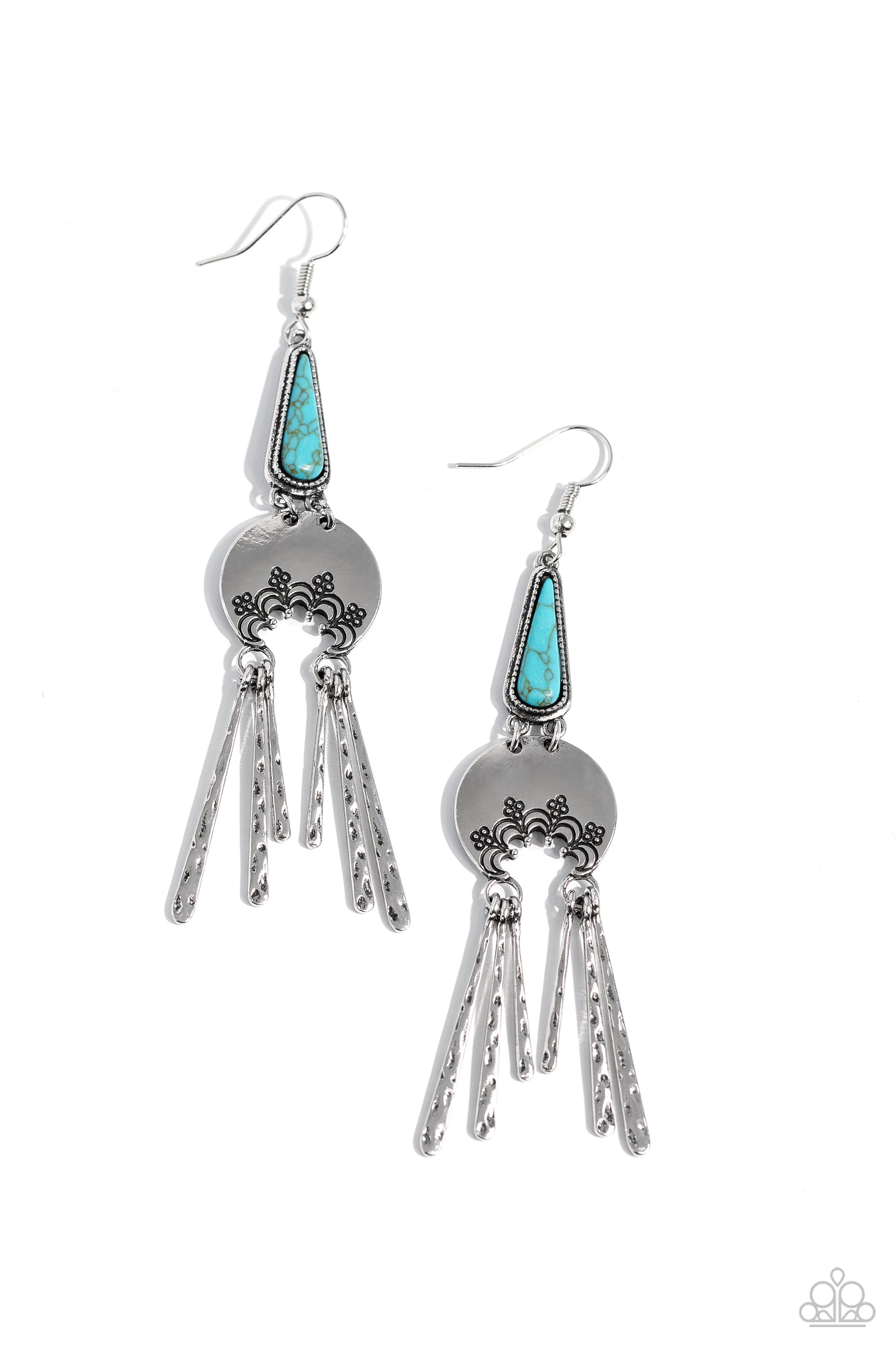 Paparazzi Accessories Highland Haute - Blue A turquoise stone pressed in a studded triangular fitting, and a silver floral-decorated half moon frame link into an earthy lure. A collection of daintily textured silver tassels in varying sizes swing from the
