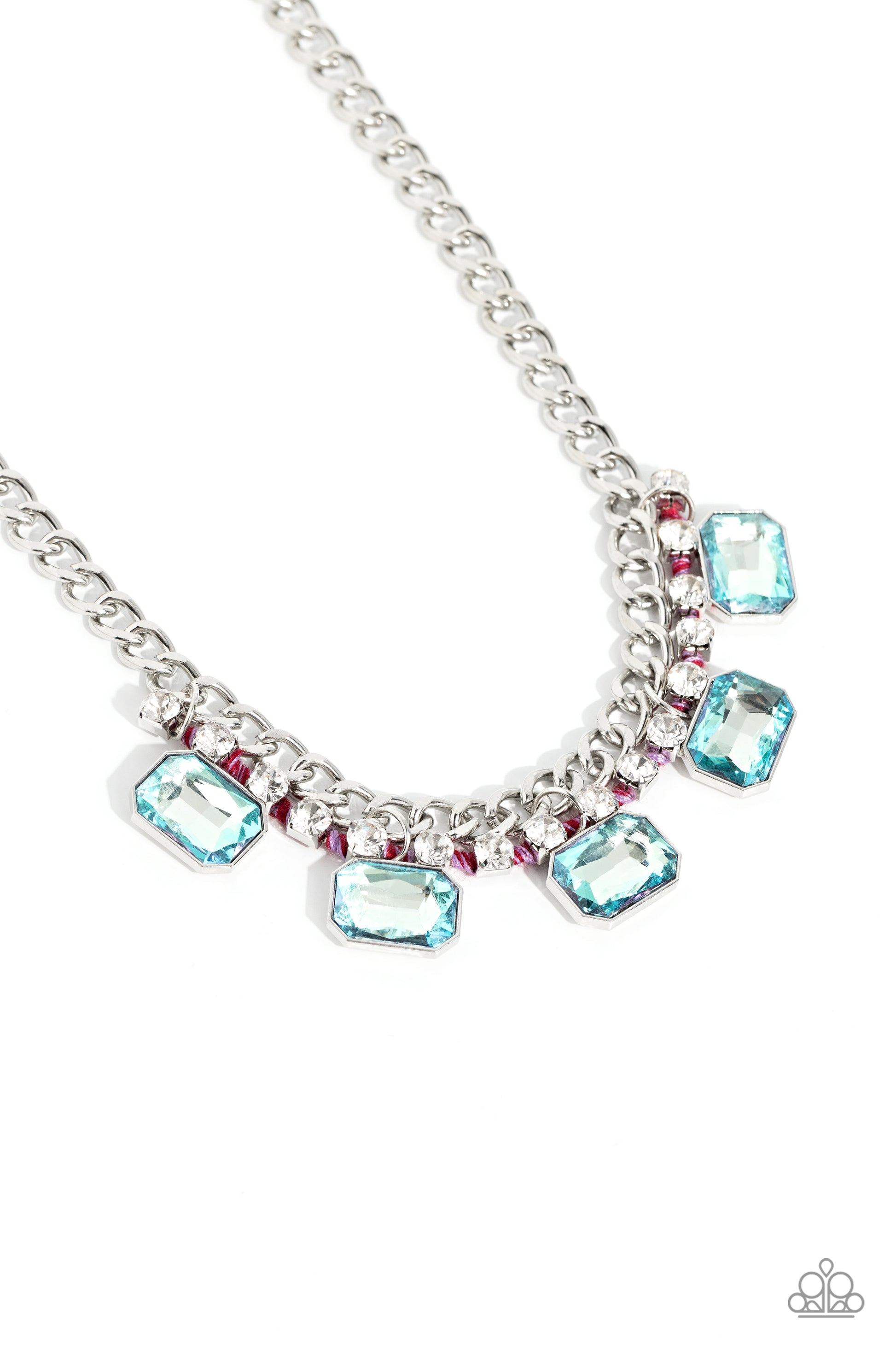 Paparazzi Accessories WEAVING Wonder - Multi Brushed in a high-sheen finish, a strand of flat silver curb chain dramatically drapes across the chest for a bold industrial look. A row of faceted light blue emerald-cut gems cascade from the bottom of a stra