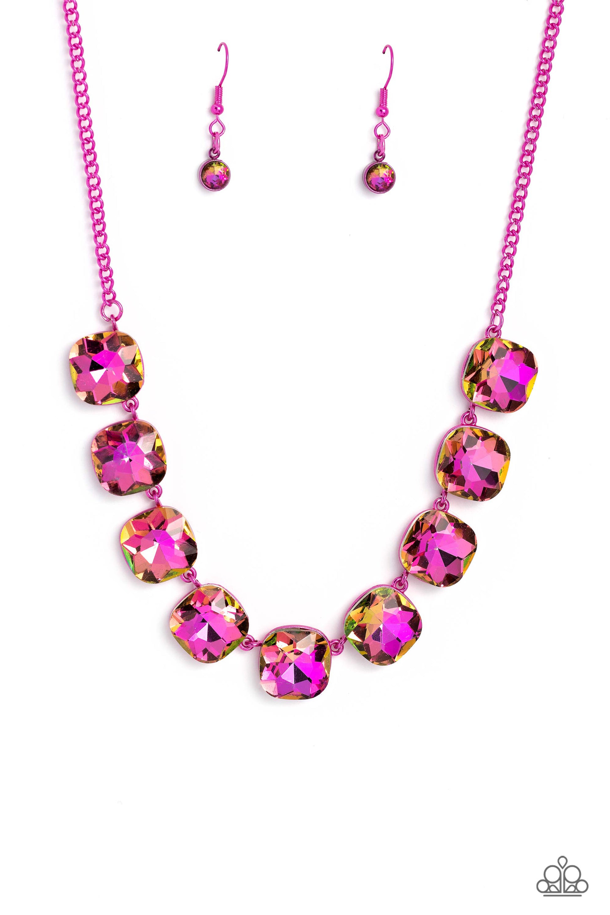 Paparazzi Accessories Combustible Command - Pink Featuring a vivacious pink chain, a collection of pink UV shimmery cushion-cut gems, pressed in vibrant pink frames, coalesces around the collar to create a playful pop of color. Features an adjustable clas