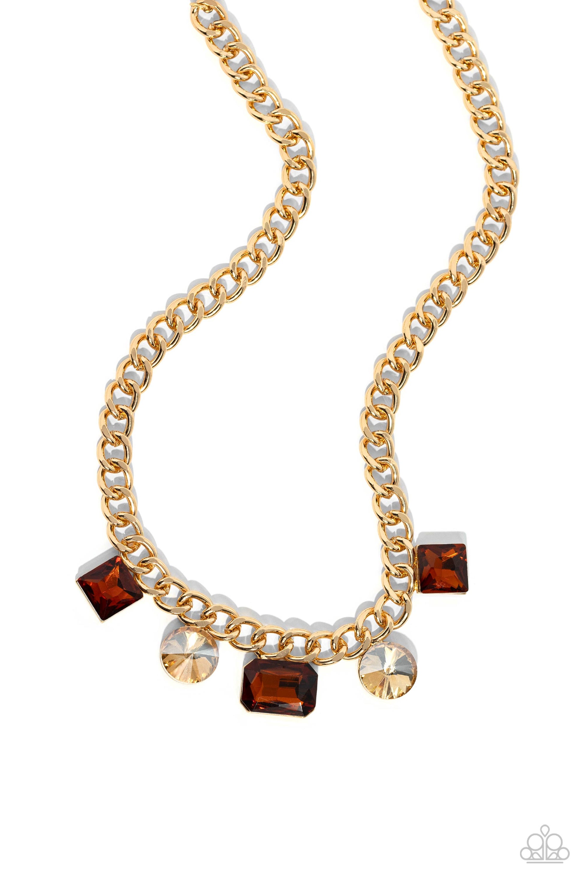 Paparazzi Accessories Alternating Audacity - Brown Featuring topaz and golden topaz finishes, a collection of geometric gems in sleek gold fittings adorns the center of a thick gold chain for a refined finish. Features an adjustable clasp closure. Sold as