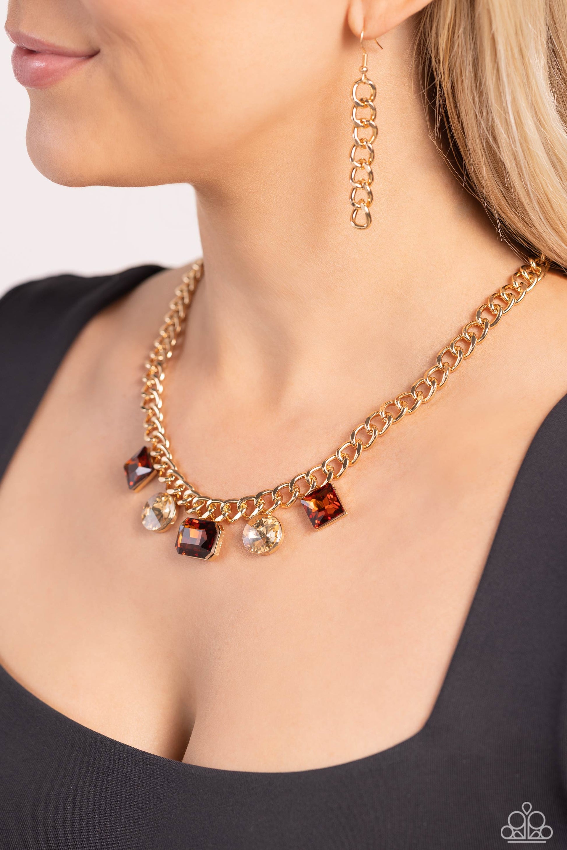 Paparazzi Accessories Alternating Audacity - Brown Featuring topaz and golden topaz finishes, a collection of geometric gems in sleek gold fittings adorns the center of a thick gold chain for a refined finish. Features an adjustable clasp closure. Sold as