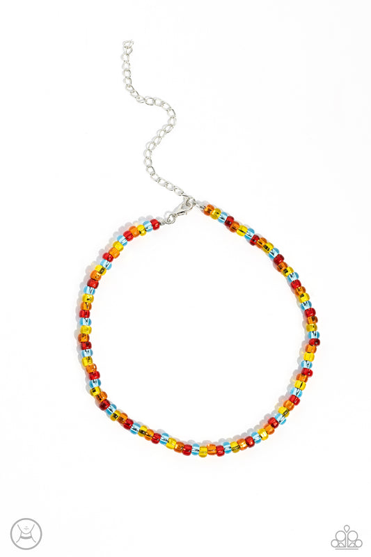 Paparazzi Accessories Colorfully GLASSY - Red Stretched along an invisible wire, a collection of glassy red, light blue, yellow, and orange beads circles above the collar for a vibrant pop of color. Features an adjustable clasp closure. Sold as one indivi