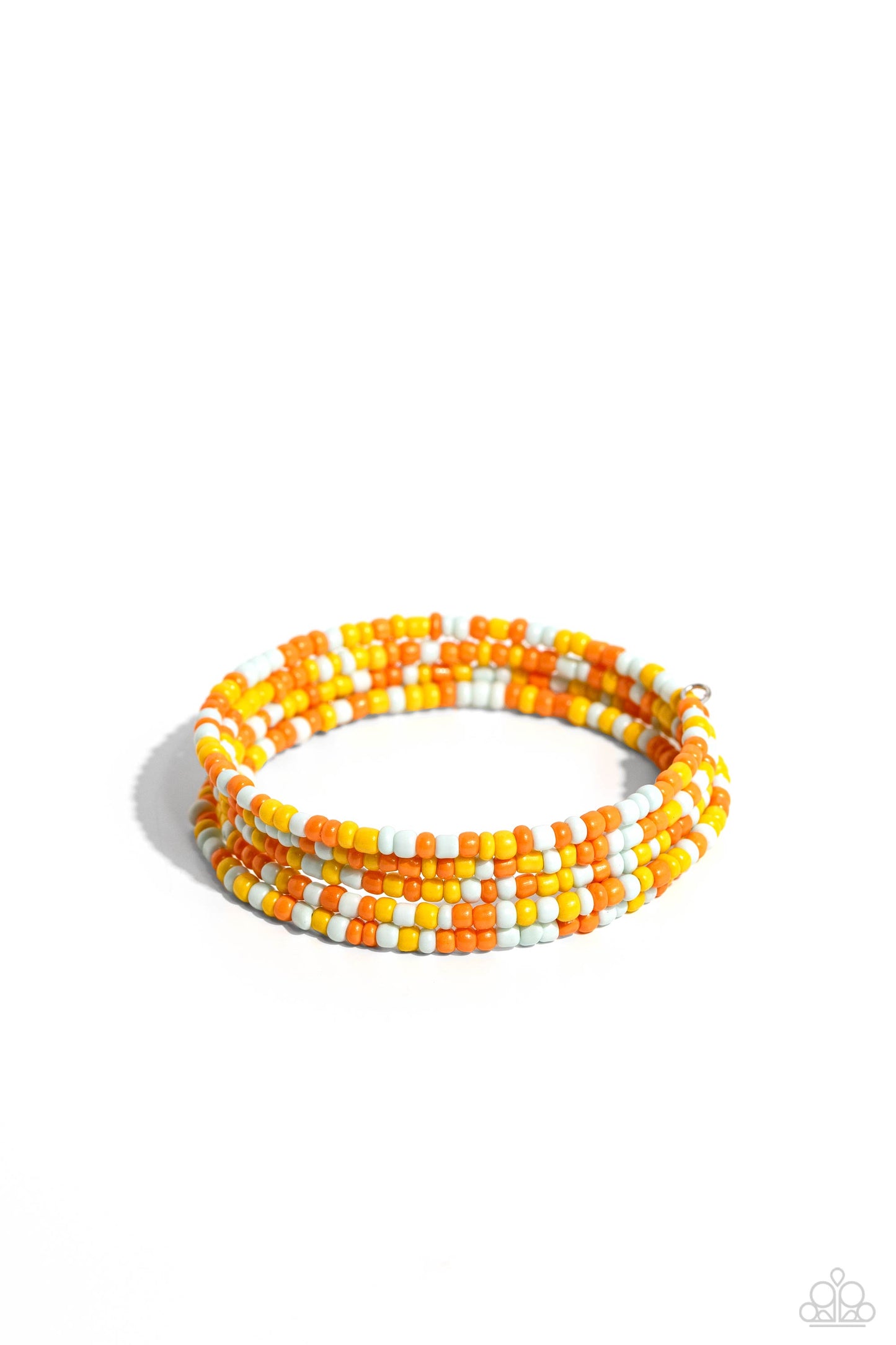 Paparazzi Accessories Coiled Candy - Yellow Row after row of yellow, orange, peach, and light blue seed beads coil around the wrist, creating a charismatic infinity wrap style bracelet. Sold as one individual bracelet Jewelry