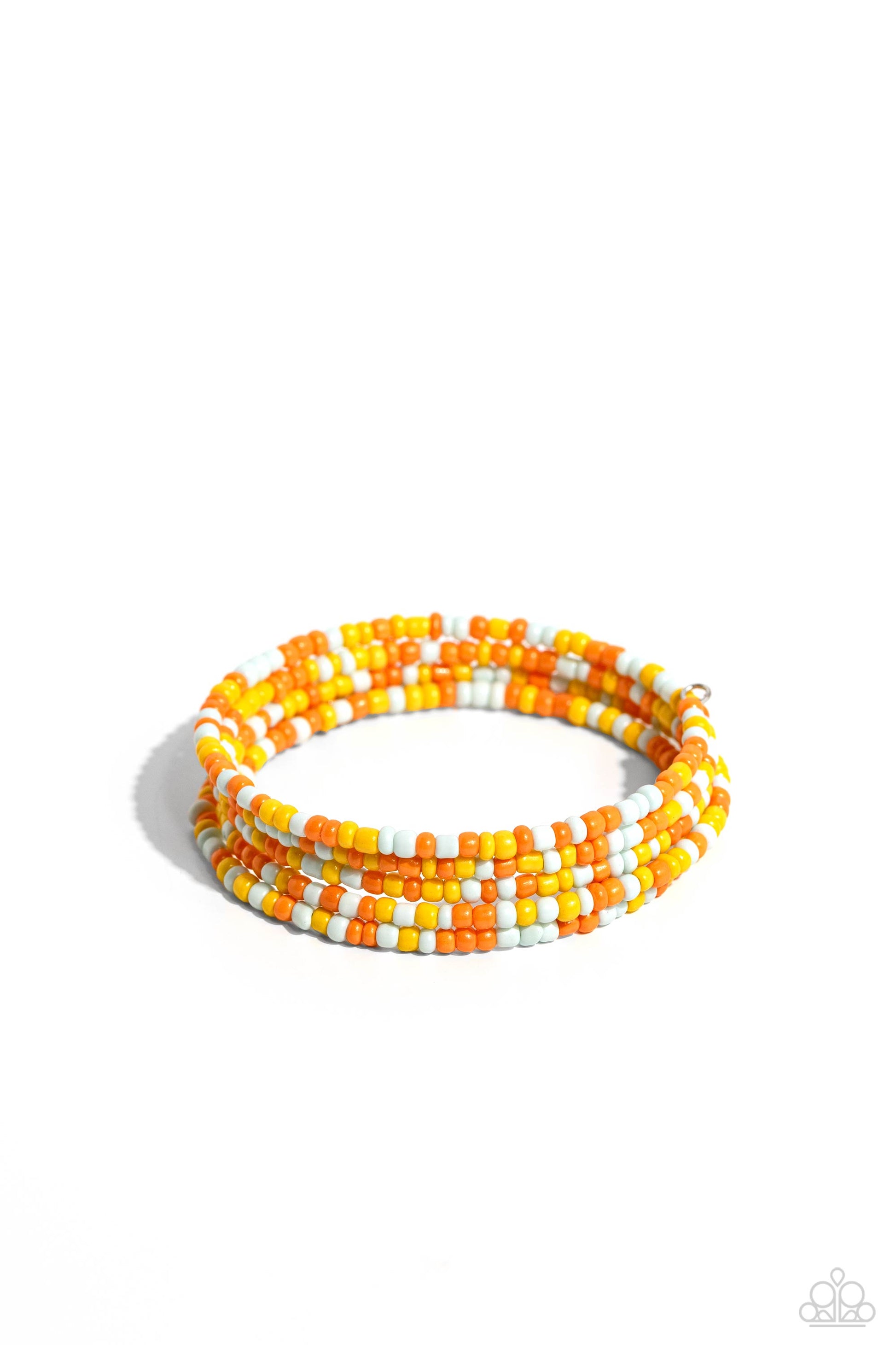 Paparazzi Accessories Coiled Candy - Yellow Row after row of yellow, orange, peach, and light blue seed beads coil around the wrist, creating a charismatic infinity wrap style bracelet. Sold as one individual bracelet Jewelry