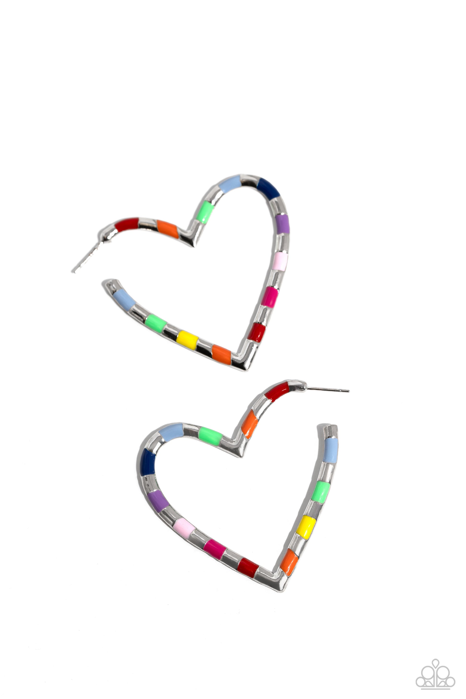 Paparazzi Accessories Striped Sweethearts - Multi A simple silver hoop of silver curves around the ear into a heart-shaped frame. Featured on the heart frame, multicolored stripes alternate with the high-sheen finish of the silver for a lasting impression