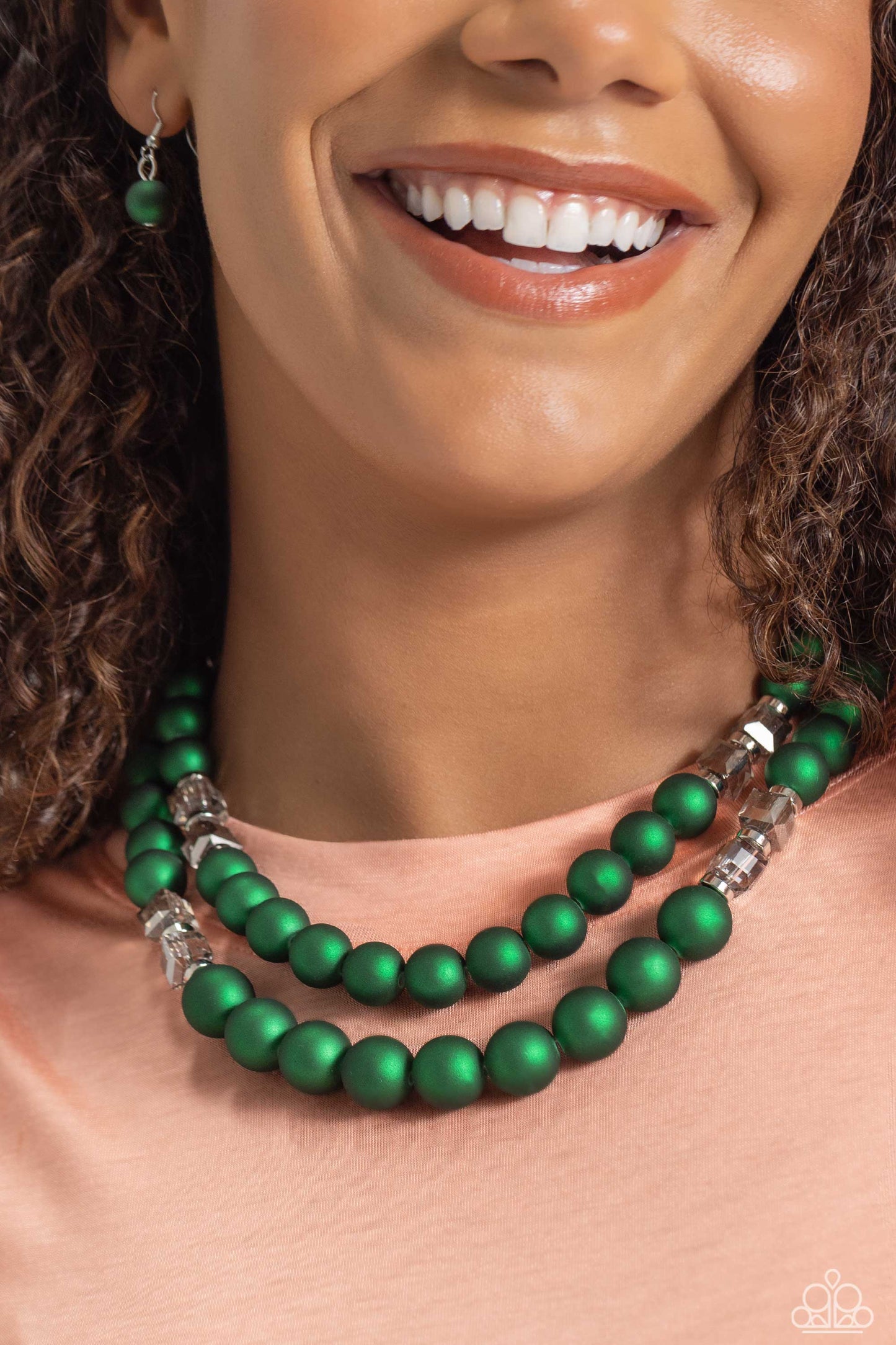 Paparazzi Accessories Shopaholic Season - Green Two rows of oversized emerald green beads featuring a subtle shimmer, silver accents, and clear gray cubed beads fall below the collar on silver paperclip chains, creating refined, colorful layers. Features