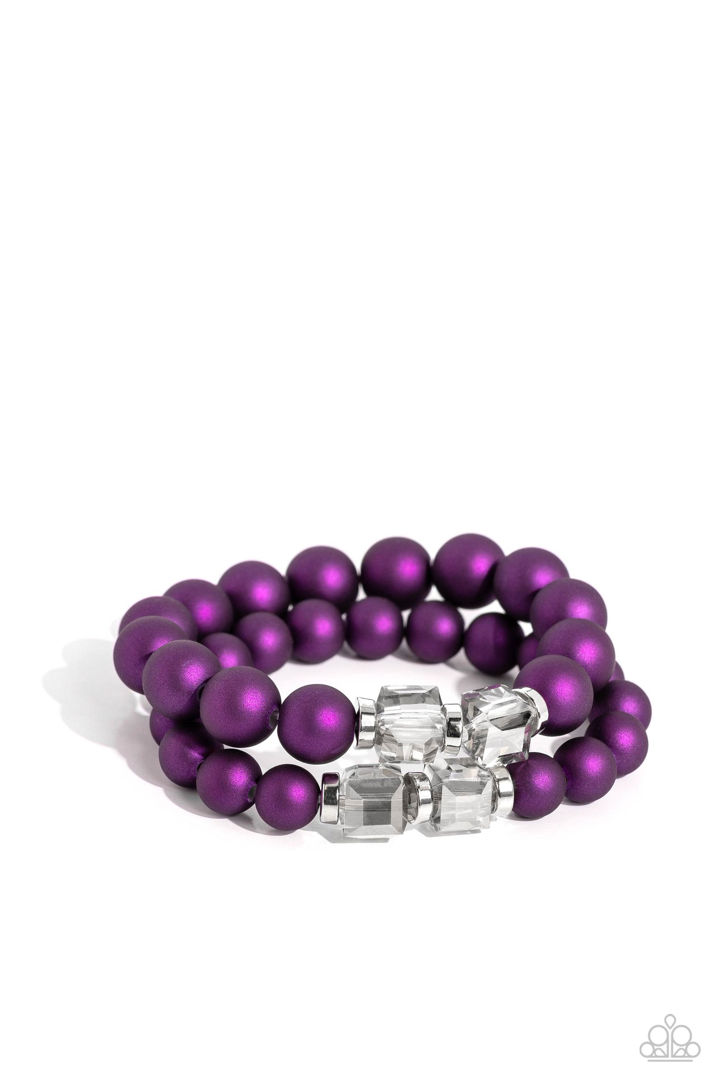 Paparazzi Accessories Shopaholic Showdown - Purple Two strands of oversized purple beads featuring a subtle shimmer, silver accents, and clear gray cubed beads stretch around the wrist, creating refined, colorful layers. Sold as one set of two bracelets.