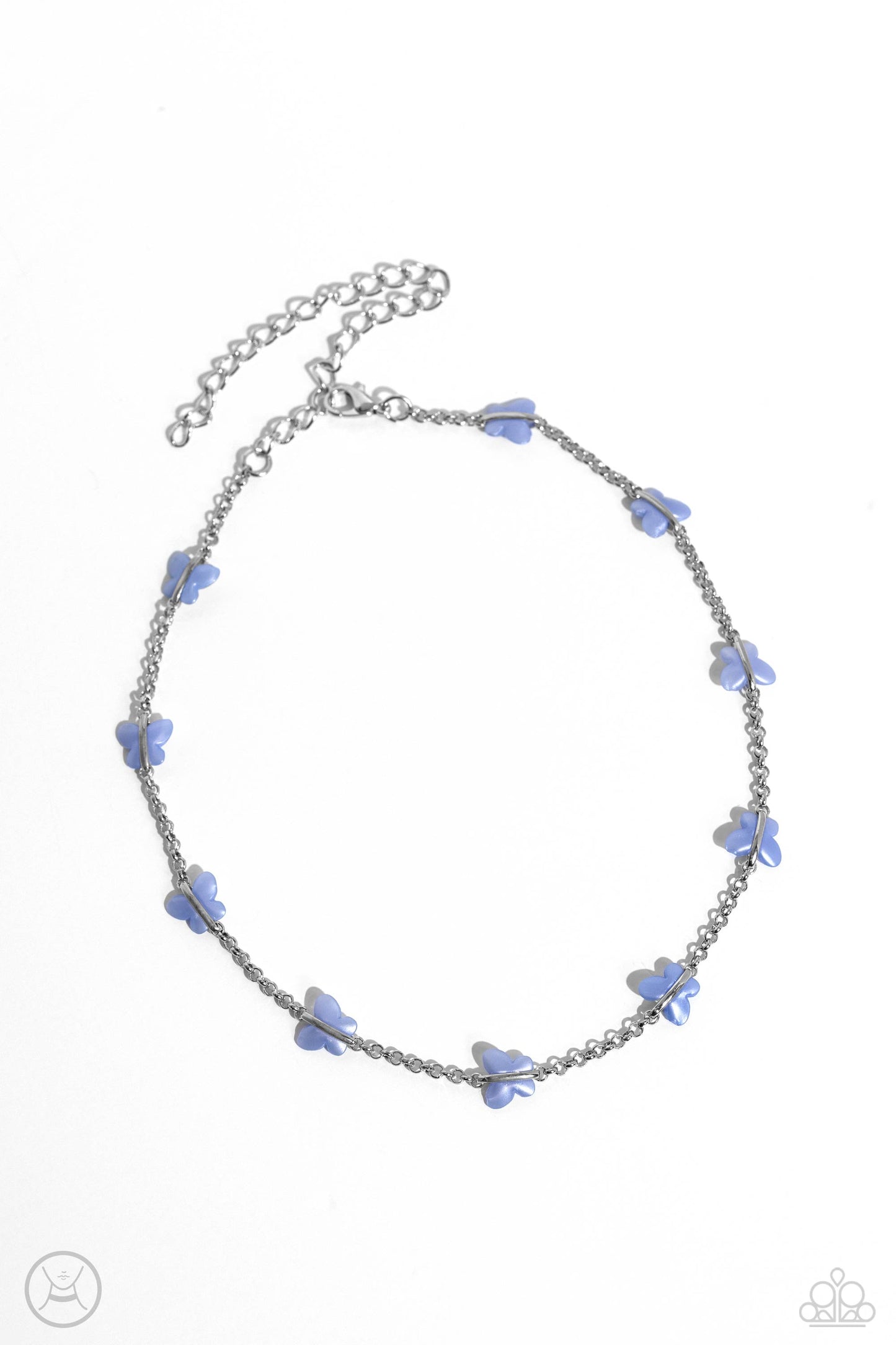 Paparazzi Accessories FLYING in Wait - Blue Infused along a row of dainty silver chain, a collection of Persian Jewel butterflies coalesces around the neckline for a whimsical finish. Features an adjustable clasp closure. Sold as one individual choker nec