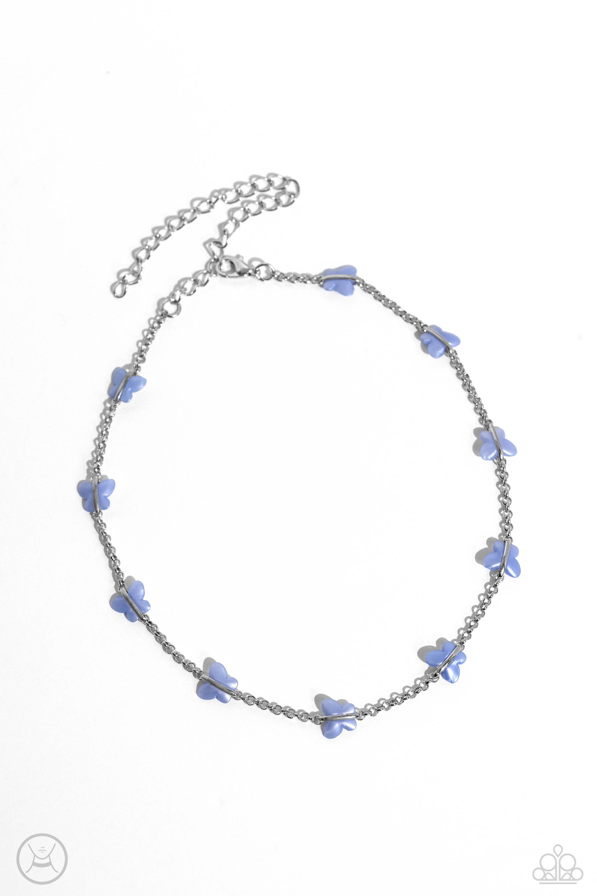 Paparazzi Accessories FLYING in Wait - Blue Infused along a row of dainty silver chain, a collection of Persian Jewel butterflies coalesces around the neckline for a whimsical finish. Features an adjustable clasp closure. Sold as one individual choker nec