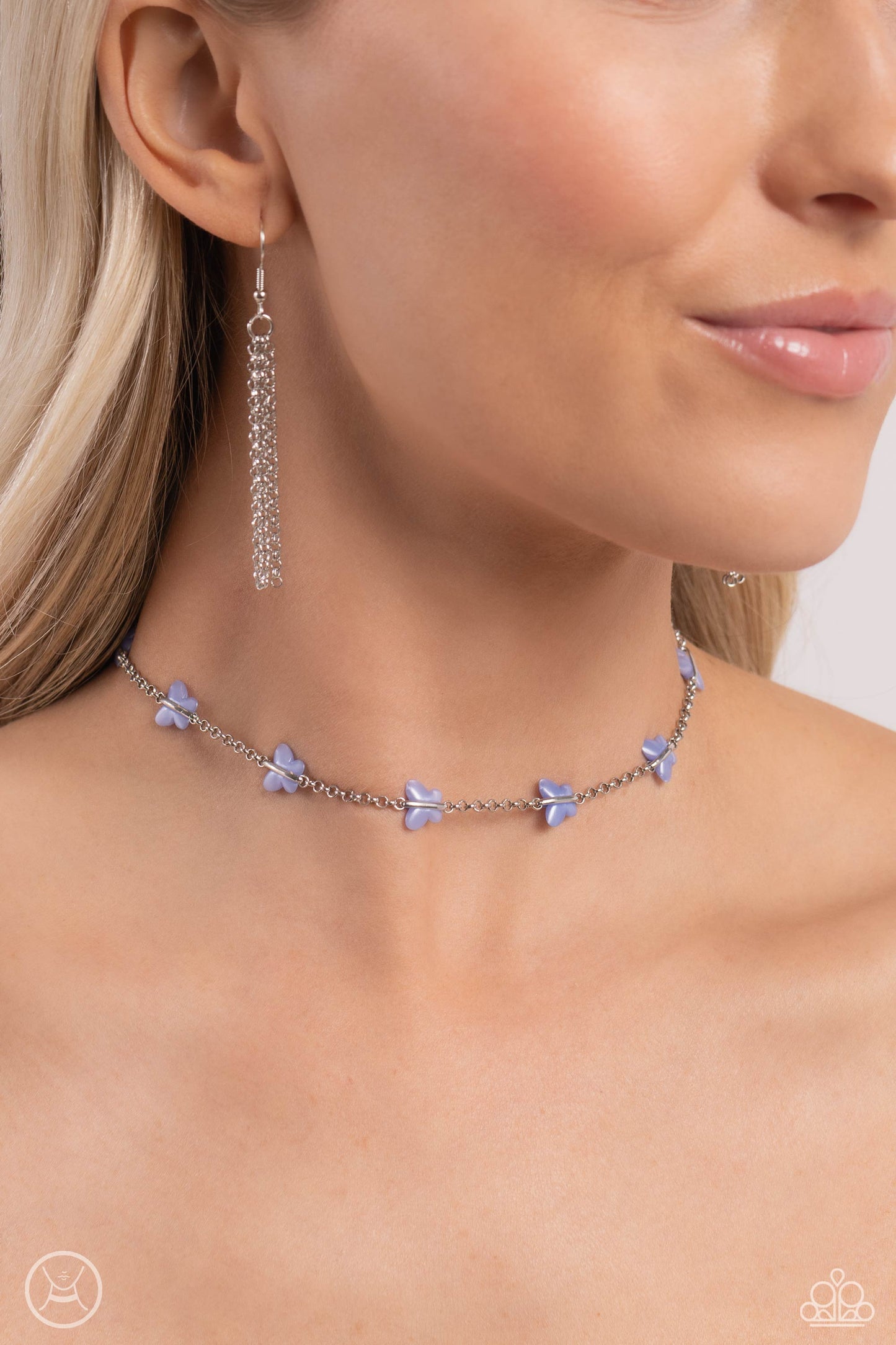 Paparazzi Accessories FLYING in Wait - Blue Infused along a row of dainty silver chain, a collection of Persian Jewel butterflies coalesces around the neckline for a whimsical finish. Features an adjustable clasp closure. Sold as one individual choker nec