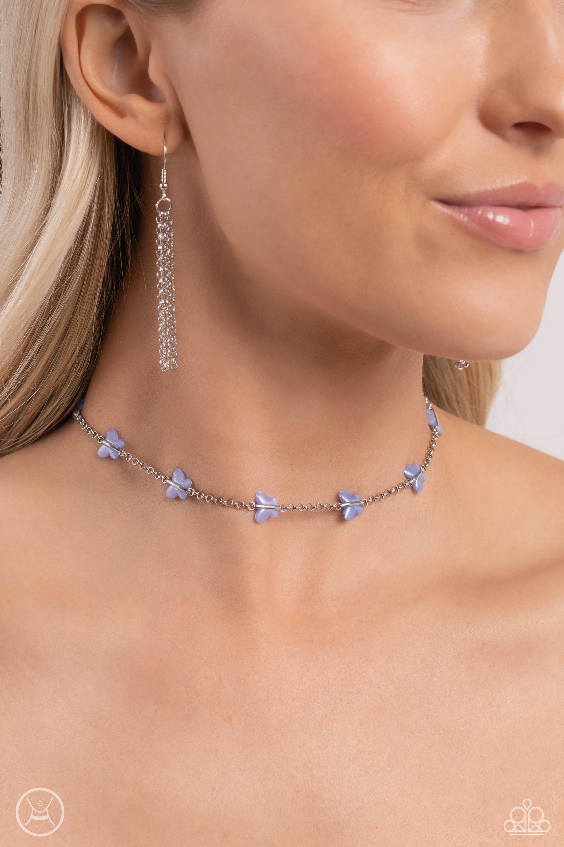 Paparazzi Accessories FLYING in Wait - Blue Infused along a row of dainty silver chain, a collection of Persian Jewel butterflies coalesces around the neckline for a whimsical finish. Features an adjustable clasp closure. Sold as one individual choker nec
