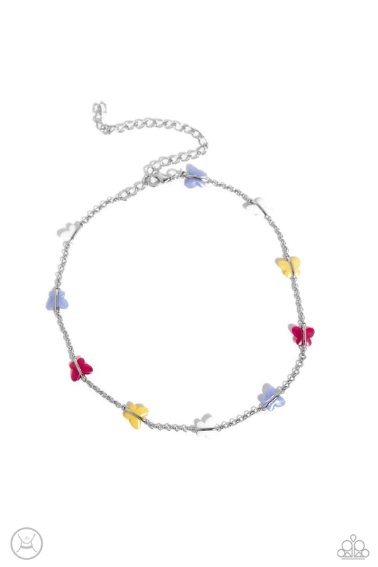 Paparazzi Accessories FLYING in Wait - Multi Infused along a row of dainty silver chain, a collection of blue, white, Primrose, and pink butterflies coalesces around the neckline for a whimsical finish. Features an adjustable clasp closure. Sold as one in