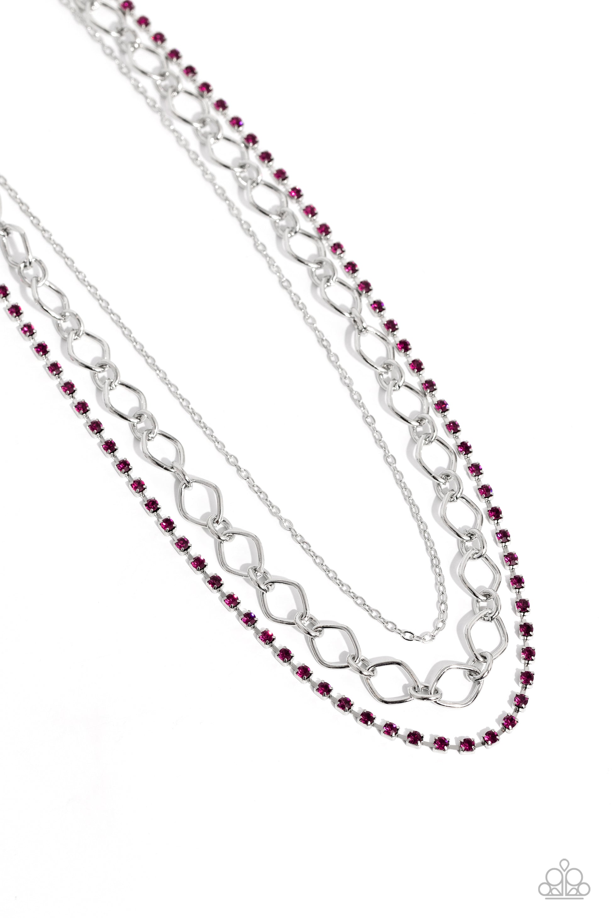 Paparazzi Accessories Tasteful Tiers - Pink A dainty strand of fuchsia rhinestones, set in silver square fittings, joins a dainty silver strand of silver chain and a silver oval link chain below the collar, creating refined layers. Features an adjustable