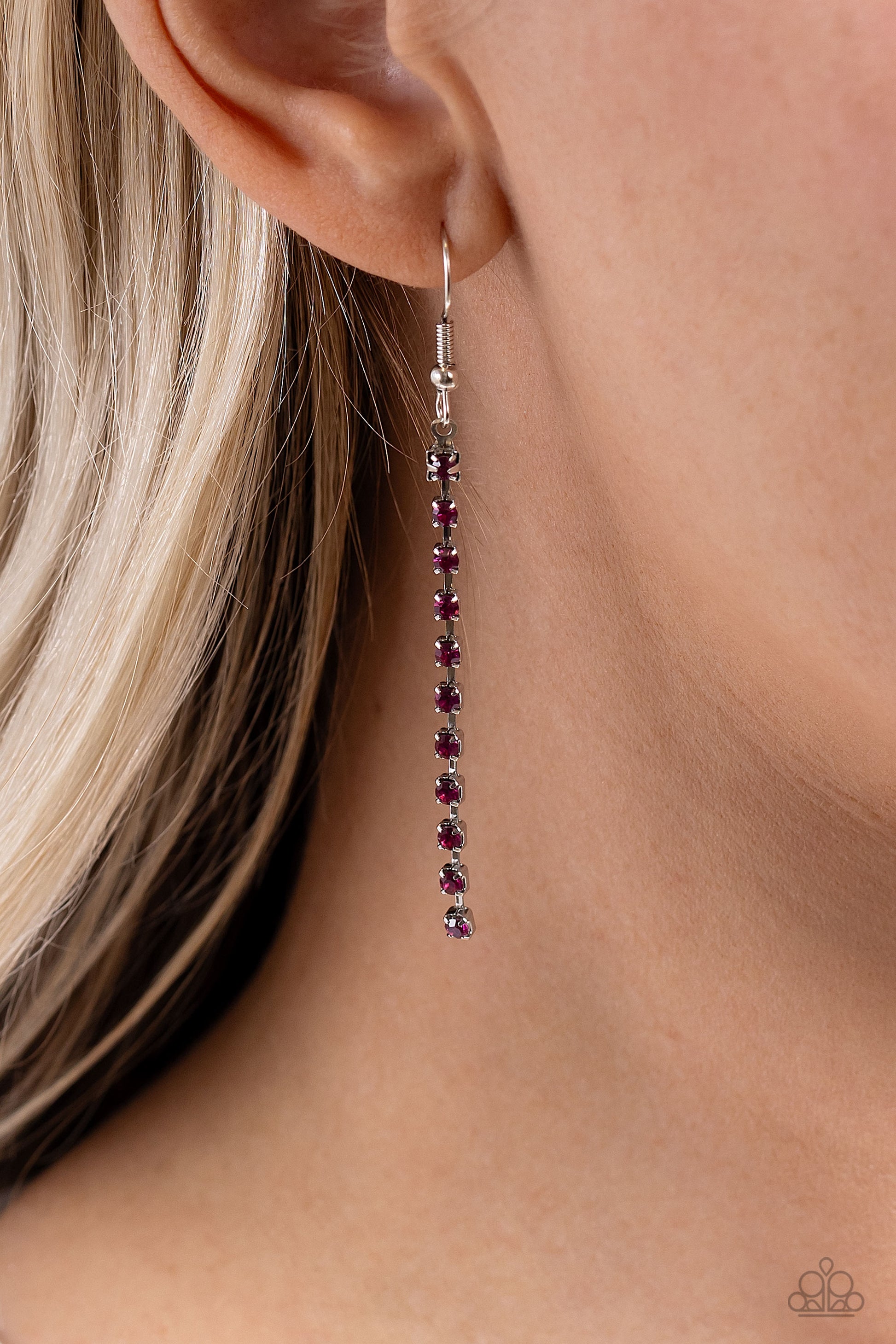 Paparazzi Accessories Tasteful Tiers - Pink A dainty strand of fuchsia rhinestones, set in silver square fittings, joins a dainty silver strand of silver chain and a silver oval link chain below the collar, creating refined layers. Features an adjustable