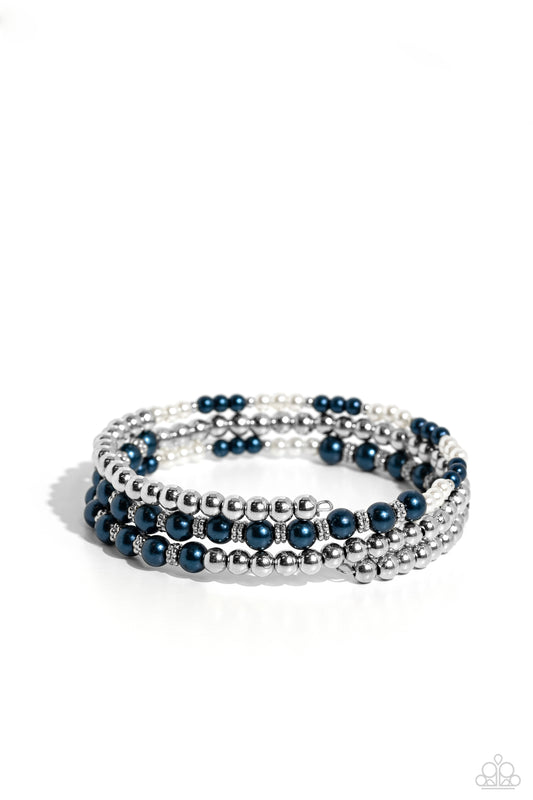 Paparazzi Accessories Just SASSING Through - Blue A collection of bright Montana pearls, white pearls, shiny silver beads and accents are threaded along a wire that coils around the wrist, creating an eye-catching infinity wrap style bracelet. Sold as one