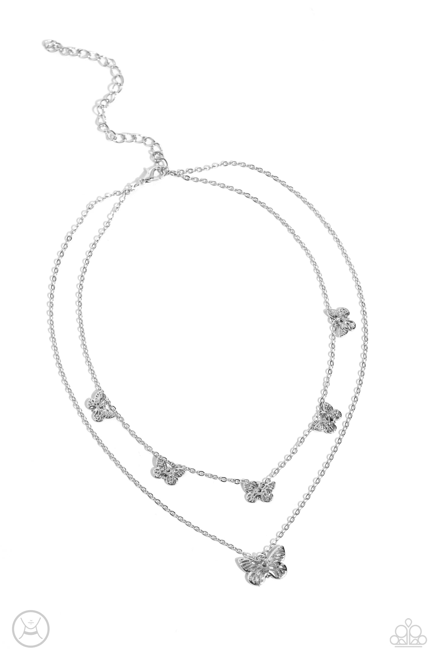 Paparazzi Accessories Butterfly Beacon - Silver Floating along a dainty silver chain, a collection of ornate silver butterflies coalesces down the neckline for a whimsical finish. A larger silver butterfly, featuring the same ornate detail swings below th